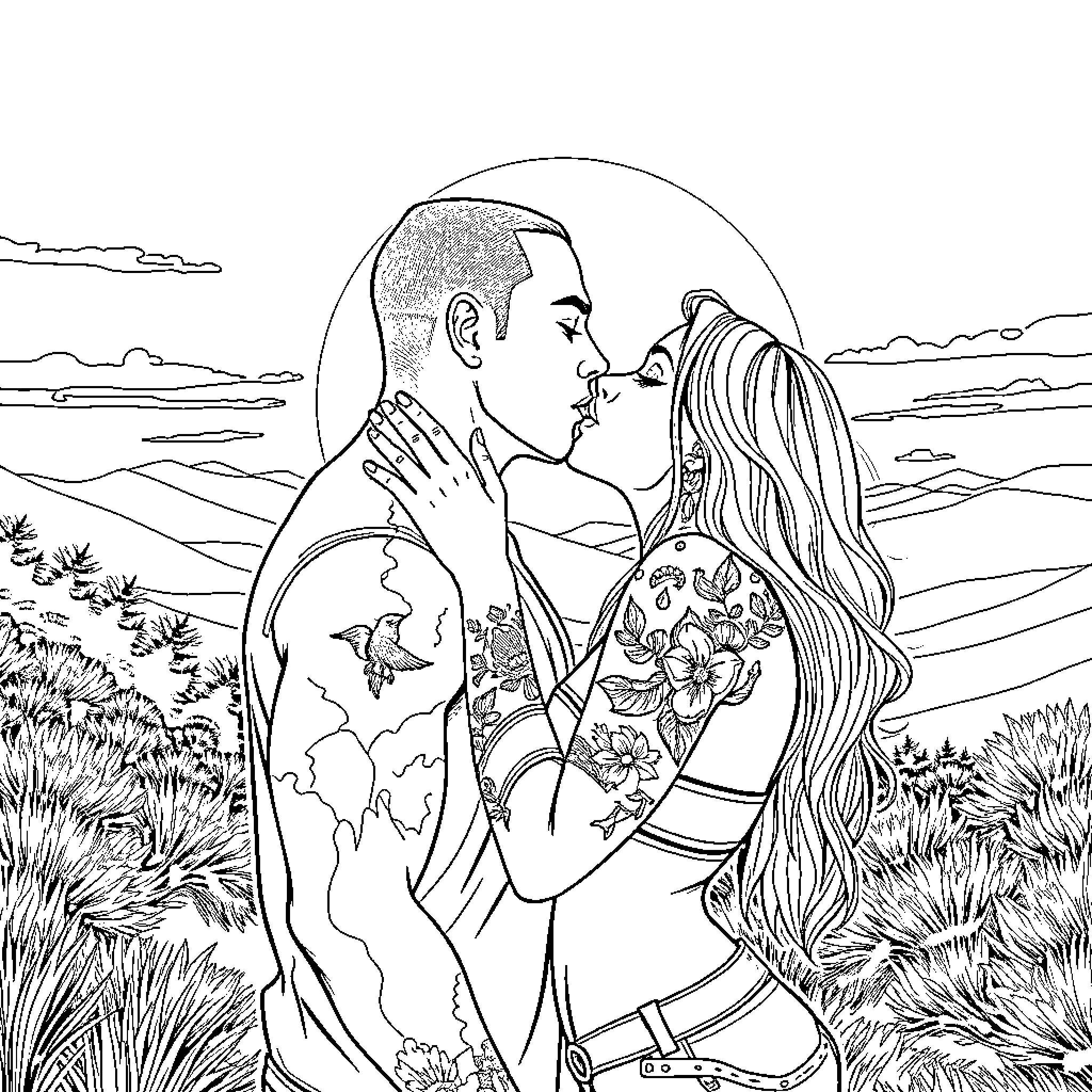 Couple embracing passionately in nature Coloring Page (free black-and-white line drawing printable PDF for all, from beginners to advanced learners, including children, teens, adults, and seniors)