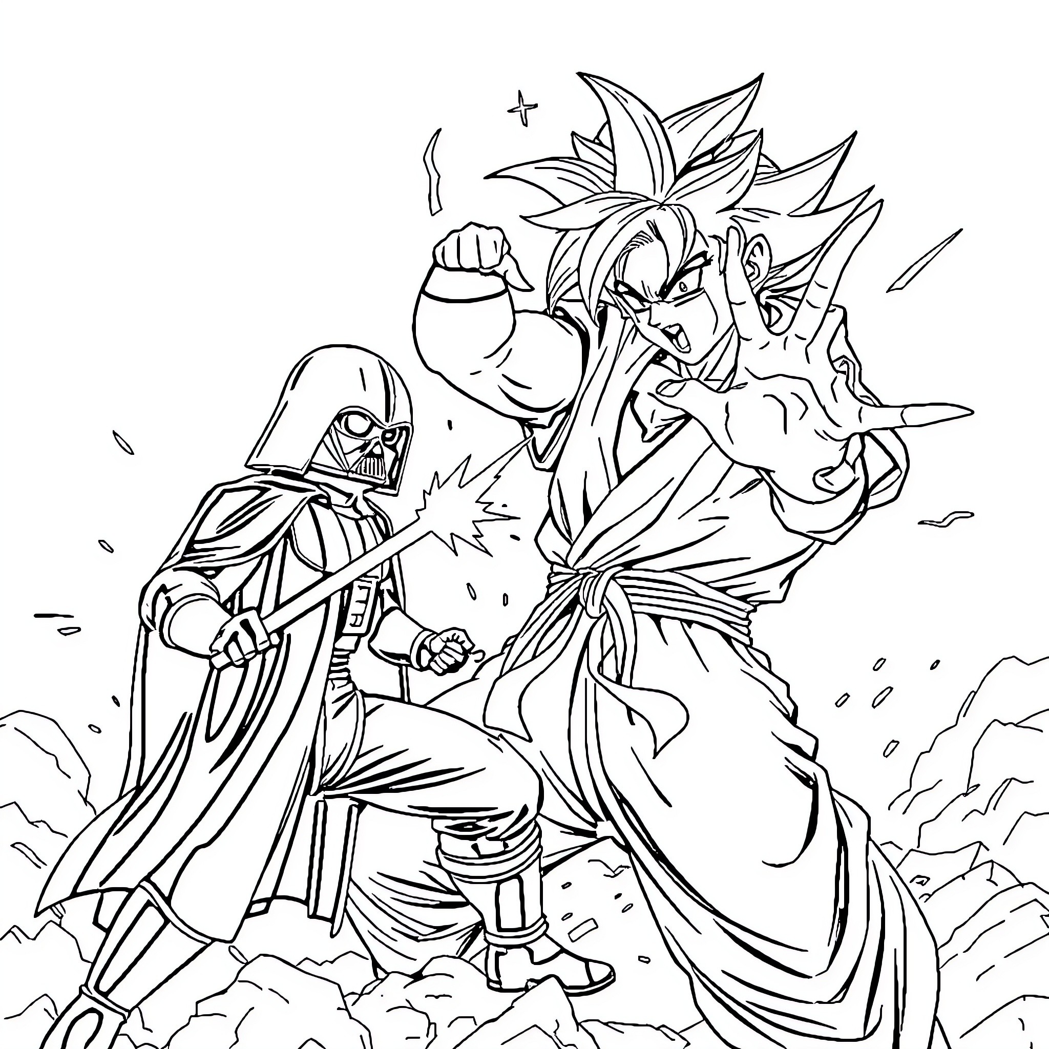 Son Goku battles formidable opponent in dramatic clash Coloring Page (free black-and-white line drawing printable PDF for all, from beginners to advanced learners, including children, teens, adults, and seniors)