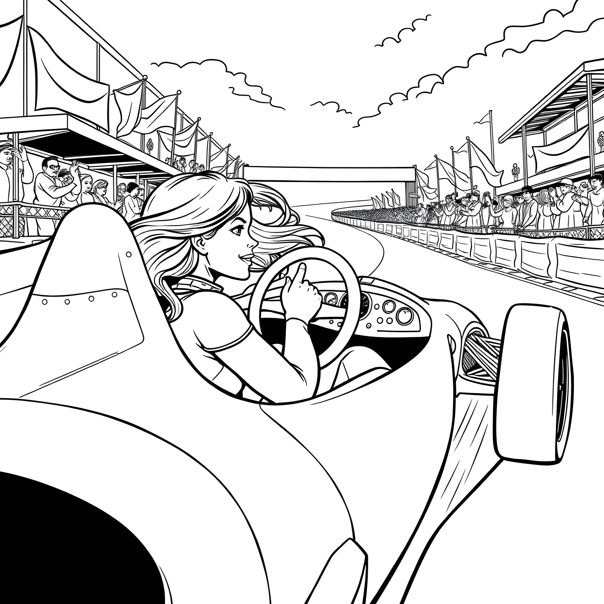 Lily's Exciting Race Day Adventure Coloring Page (free black-and-white line drawing printable PDF for all, from beginners to advanced learners, including children, teens, adults, and seniors)