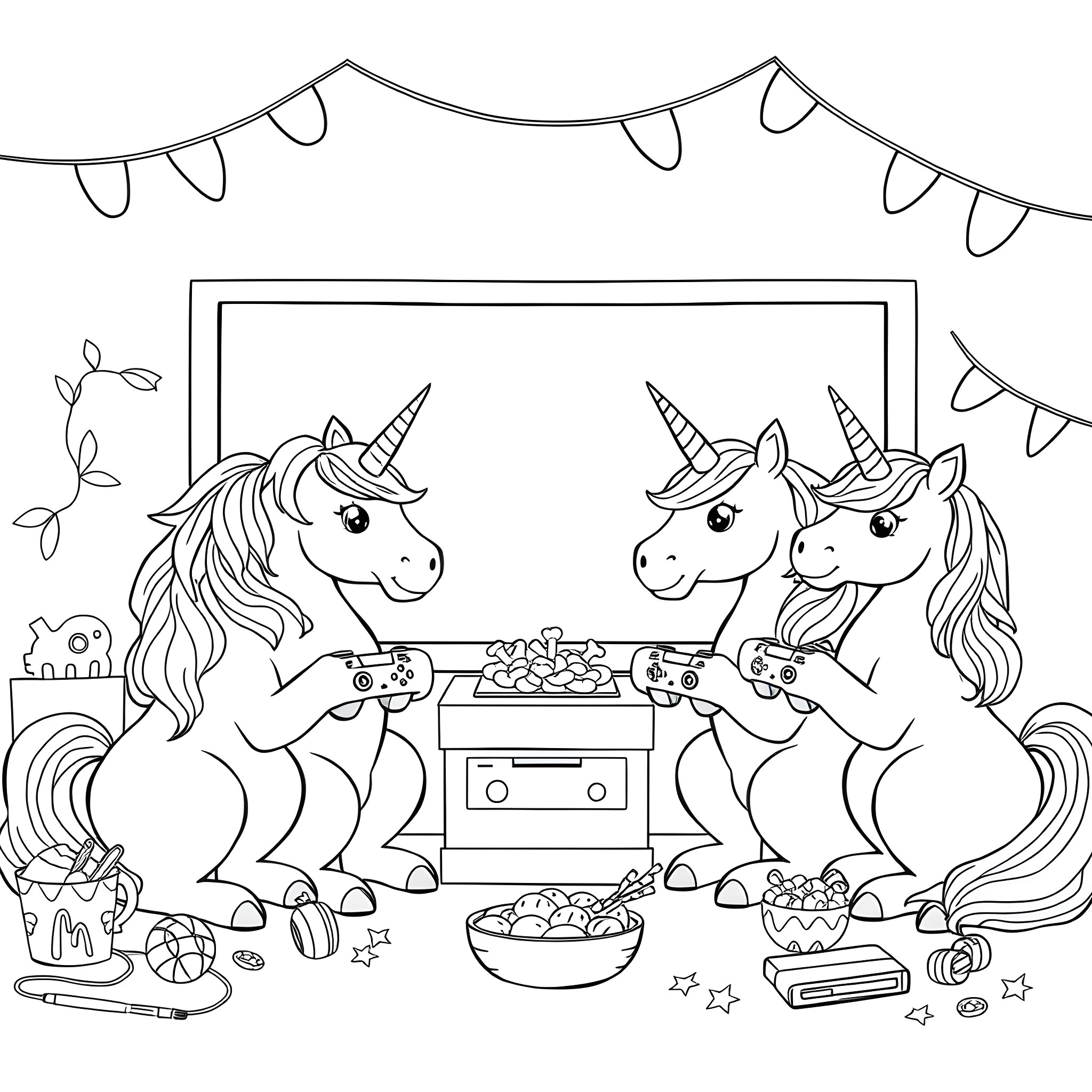 Unicorn family playing video games together Coloring Page (free black-and-white line drawing printable PDF for all, from beginners to advanced learners, including children, teens, adults, and seniors)