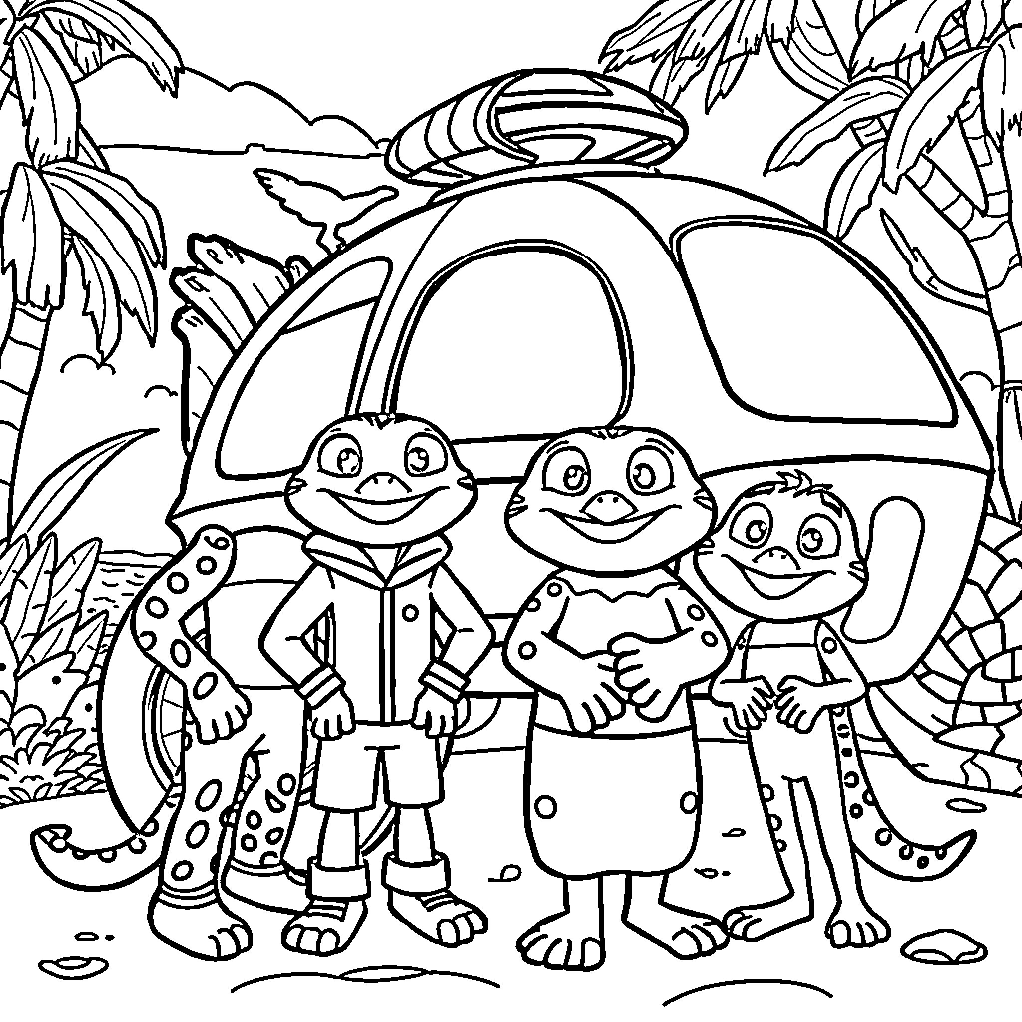 Kratts family exploring the jungle in their vehicle Coloring Page (free black-and-white line drawing printable PDF for all, from beginners to advanced learners, including children, teens, adults, and seniors)
