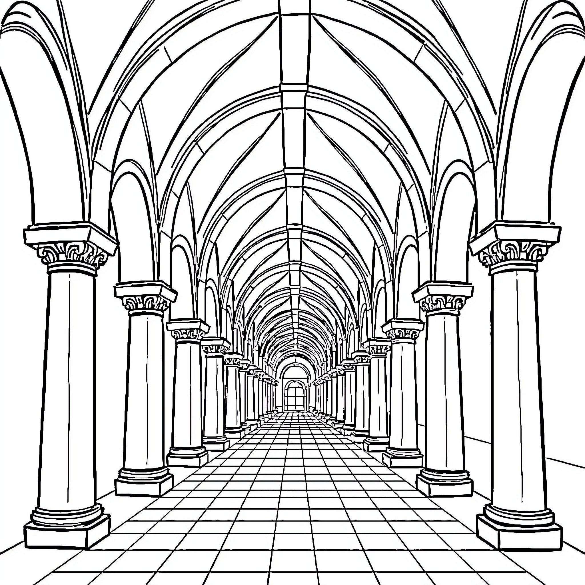 Archery in a grand cathedral-like hall Coloring Page (free black-and-white line drawing printable PDF for all, from beginners to advanced learners, including children, teens, adults, and seniors)