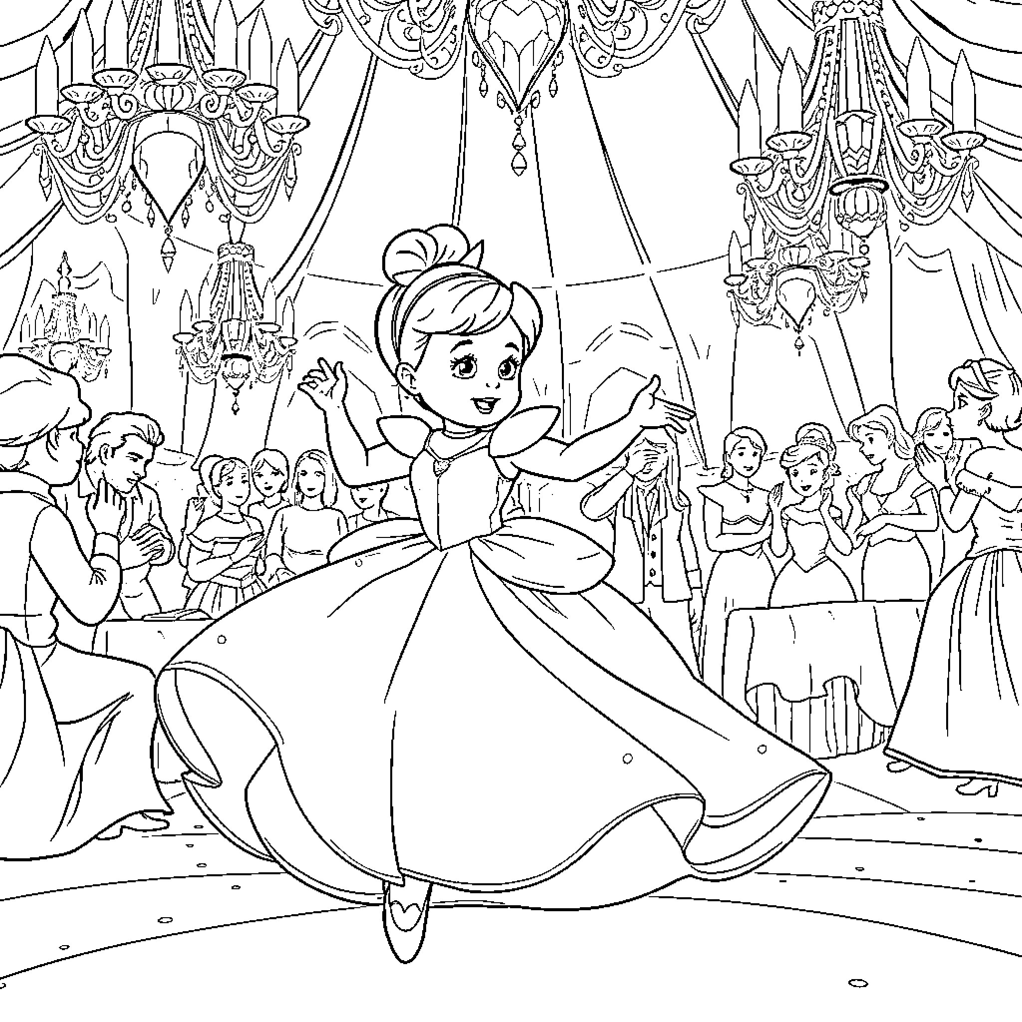 Cinderella dancing joyfully at the royal ball Coloring Page (free black-and-white line drawing printable PDF for all, from beginners to advanced learners, including children, teens, adults, and seniors)
