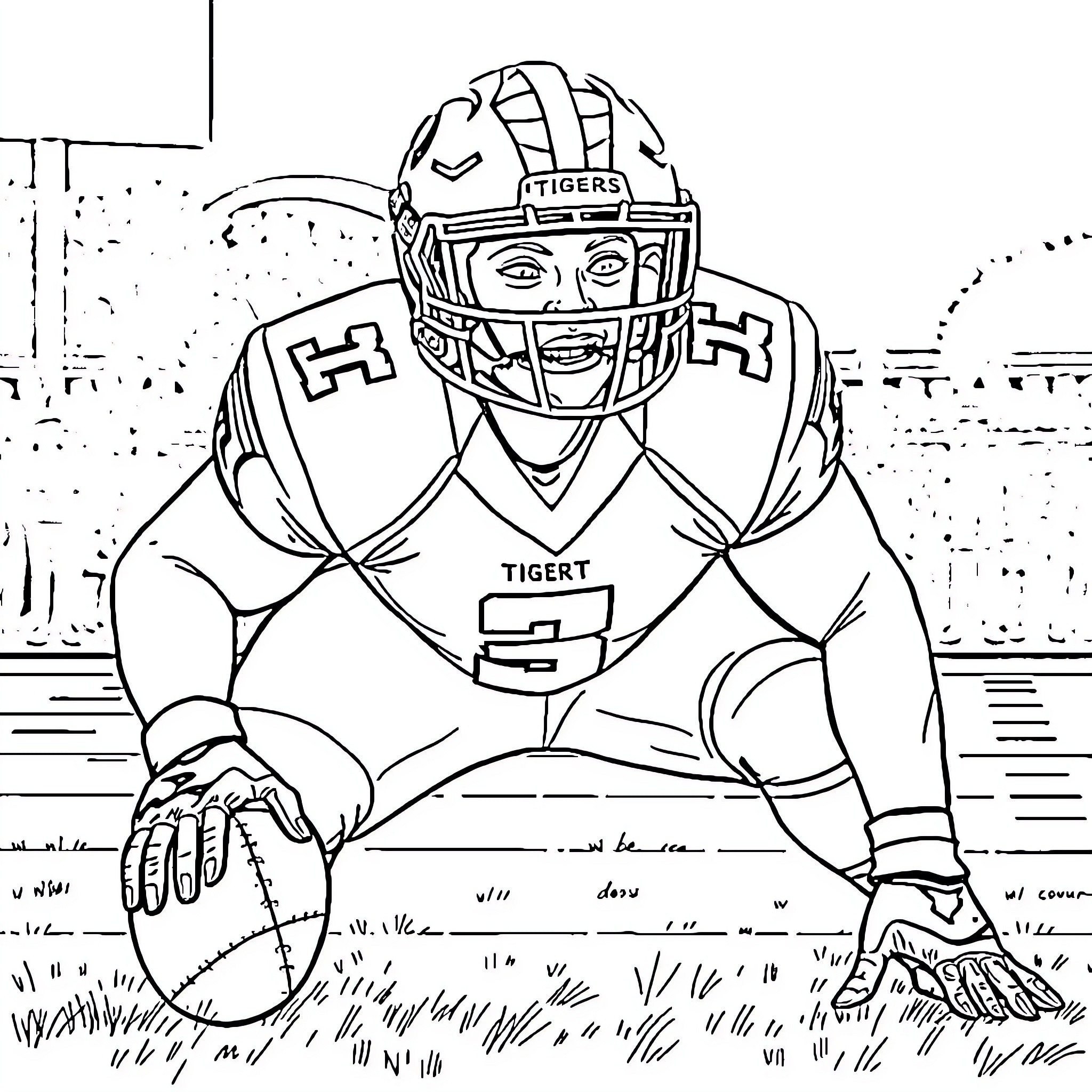 Football Player in Uniform on the Field Coloring Page (free black-and-white line drawing printable PDF for all, from beginners to advanced learners, including children, teens, adults, and seniors)