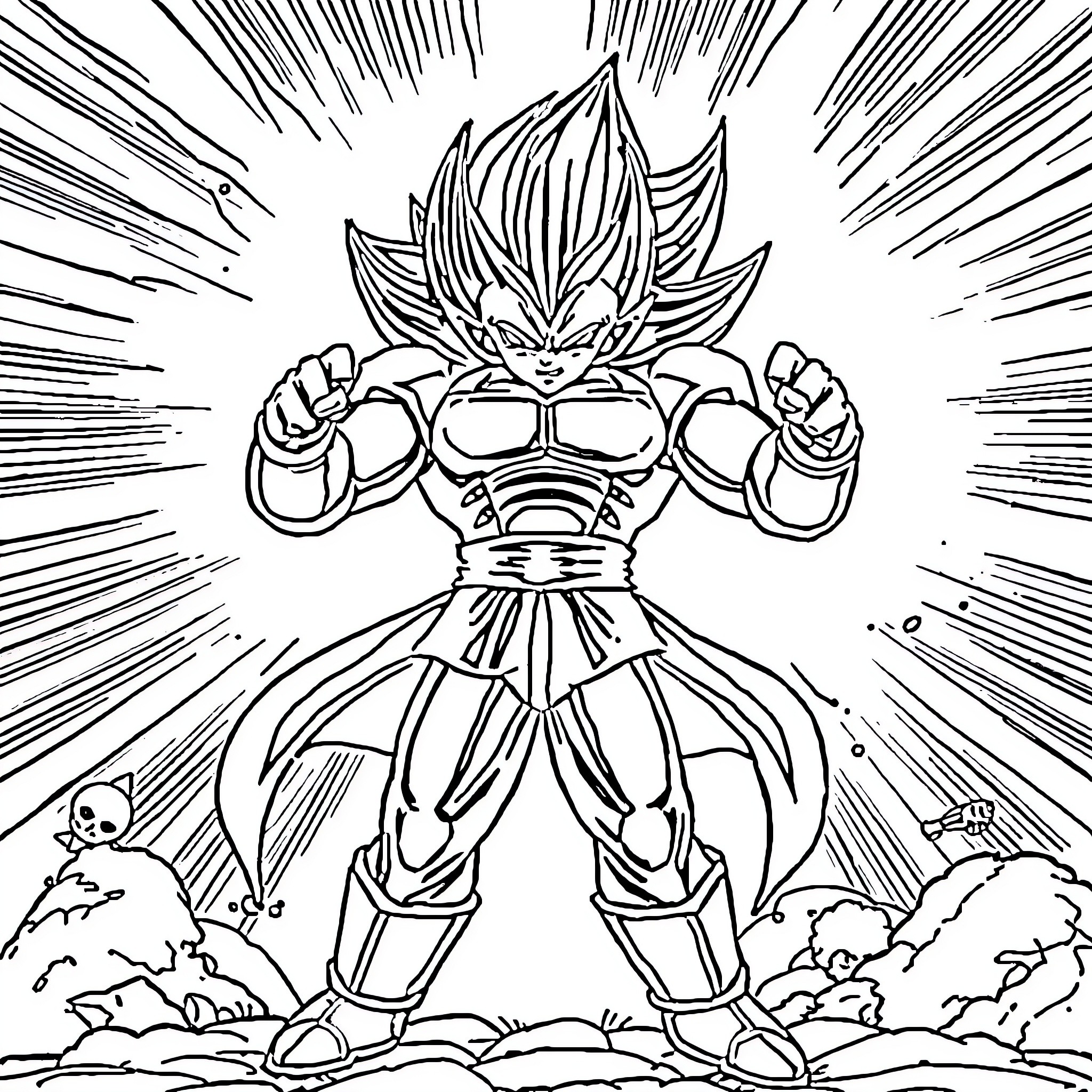 Vegeta's Powerful Pose Amidst Intense Energy Coloring Page (free black-and-white line drawing printable PDF for all, from beginners to advanced learners, including children, teens, adults, and seniors)
