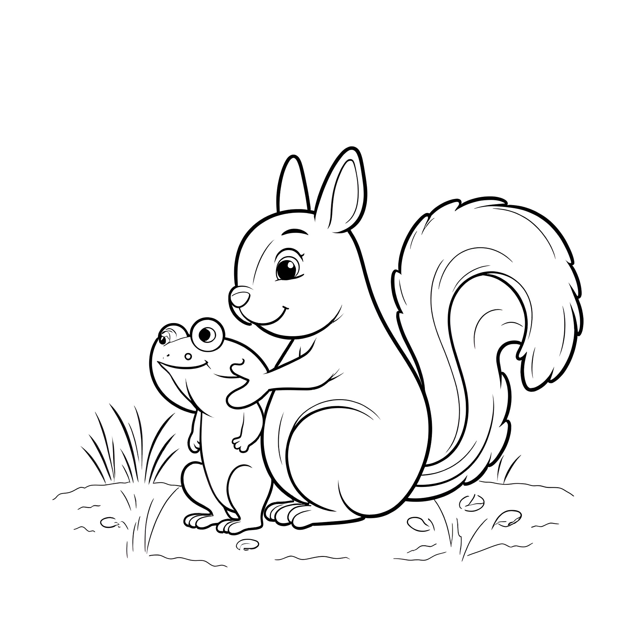 Squirrel playing with a frog in the woods Coloring Page (free black-and-white line drawing printable PDF for all, from beginners to advanced learners, including children, teens, adults, and seniors)