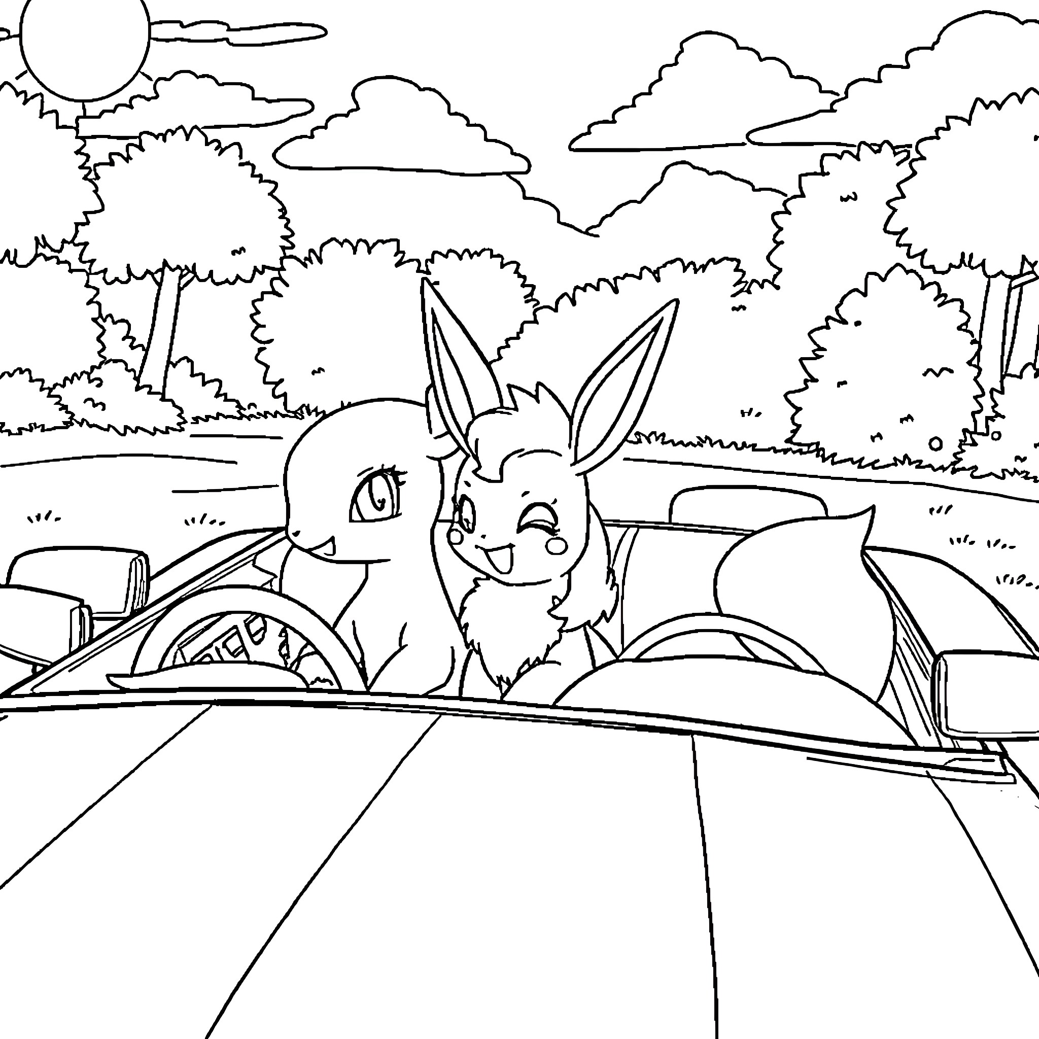 Charmeleon riding a vehicle in the forest Coloring Page (free black-and-white line drawing printable PDF for all, from beginners to advanced learners, including children, teens, adults, and seniors)