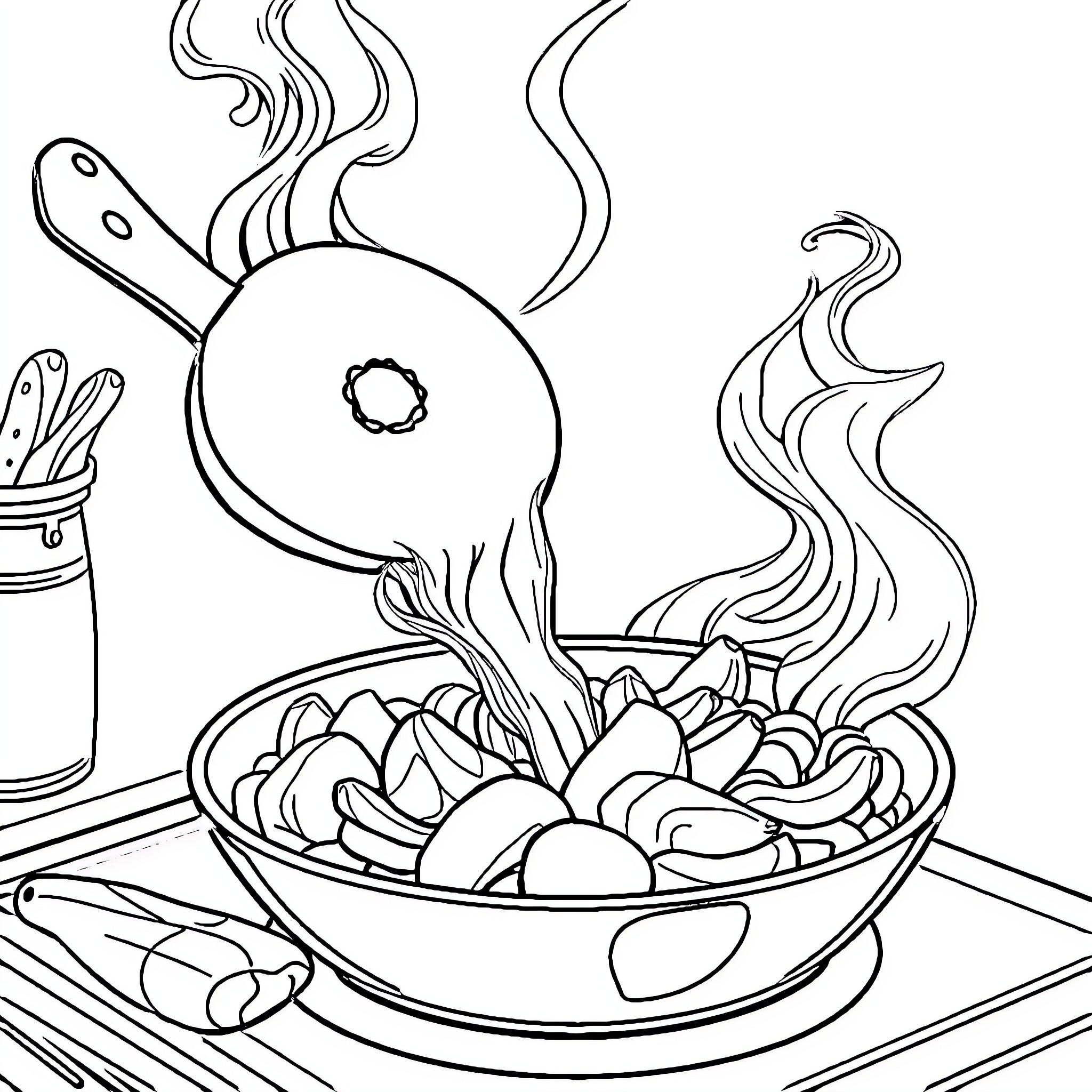 Cooking Tool Preparing Hearty Meal Coloring Page (free black-and-white line drawing printable PDF for all, from beginners to advanced learners, including children, teens, adults, and seniors)