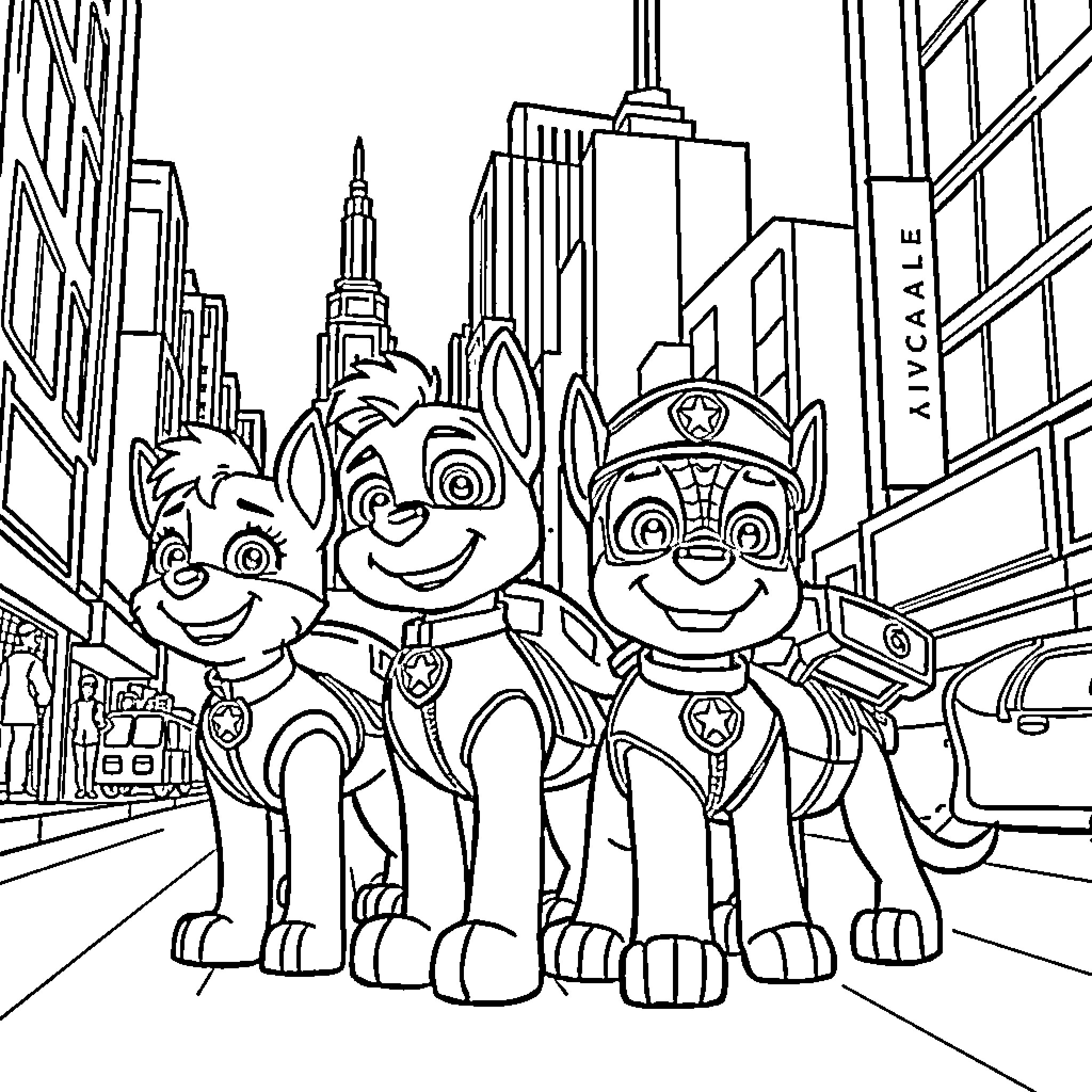 Paw Patrol Pups Explore the City Coloring Page (free black-and-white line drawing printable PDF for all, from beginners to advanced learners, including children, teens, adults, and seniors)