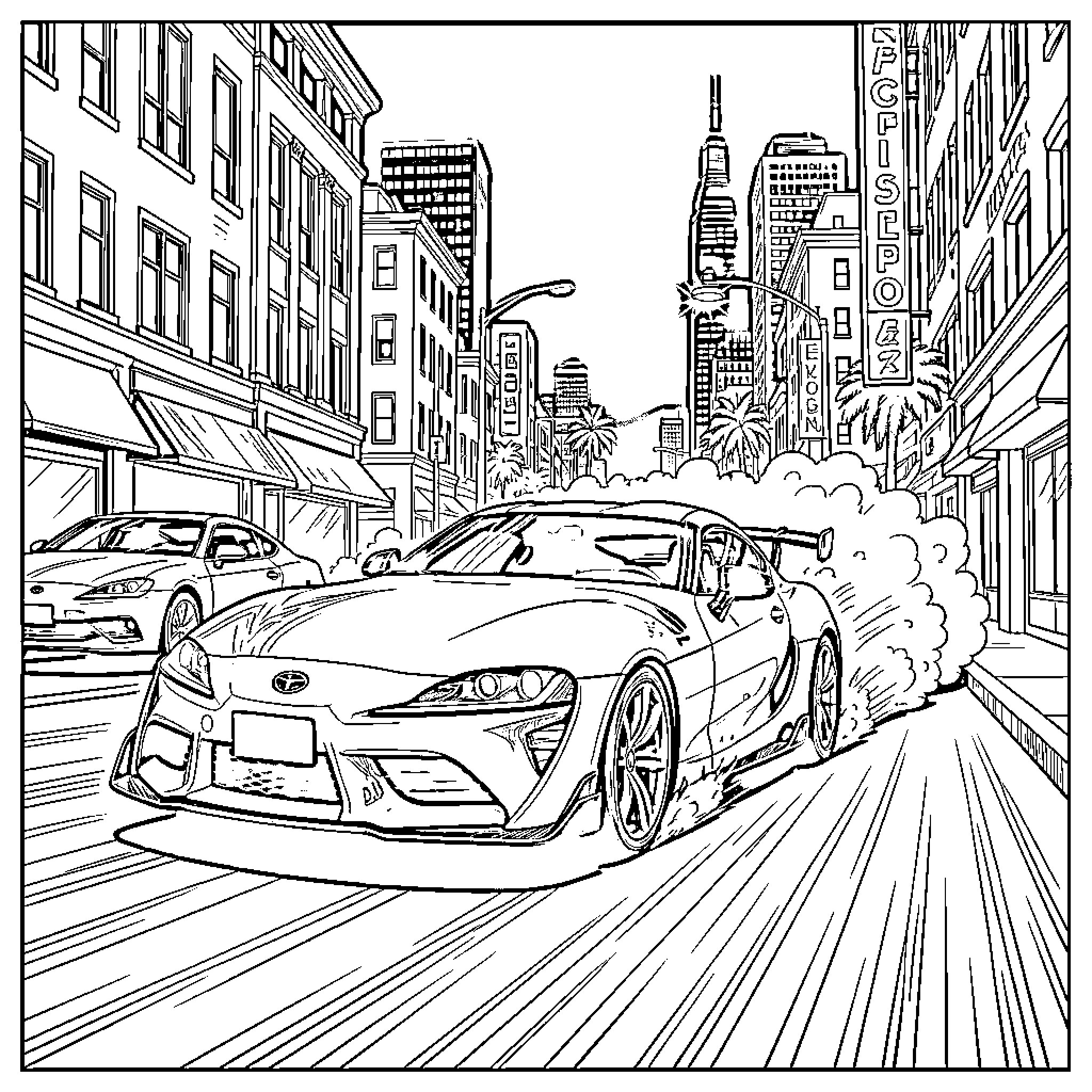 Toyota Supra drifting through a busy city street Coloring Page (free black-and-white line drawing printable PDF for all, from beginners to advanced learners, including children, teens, adults, and seniors)