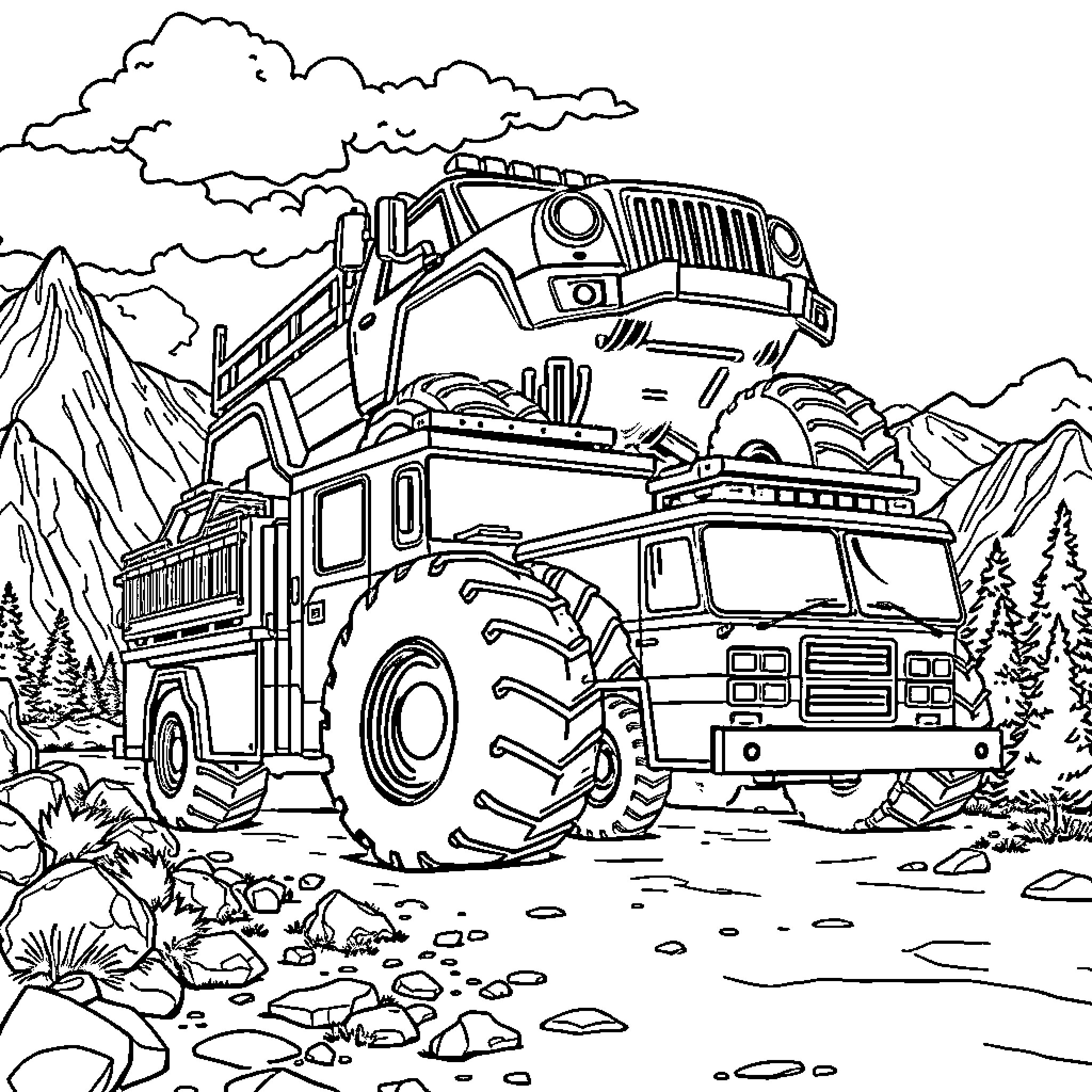 Truck navigating through rugged terrain Coloring Page (free black-and-white line drawing printable PDF for all, from beginners to advanced learners, including children, teens, adults, and seniors)