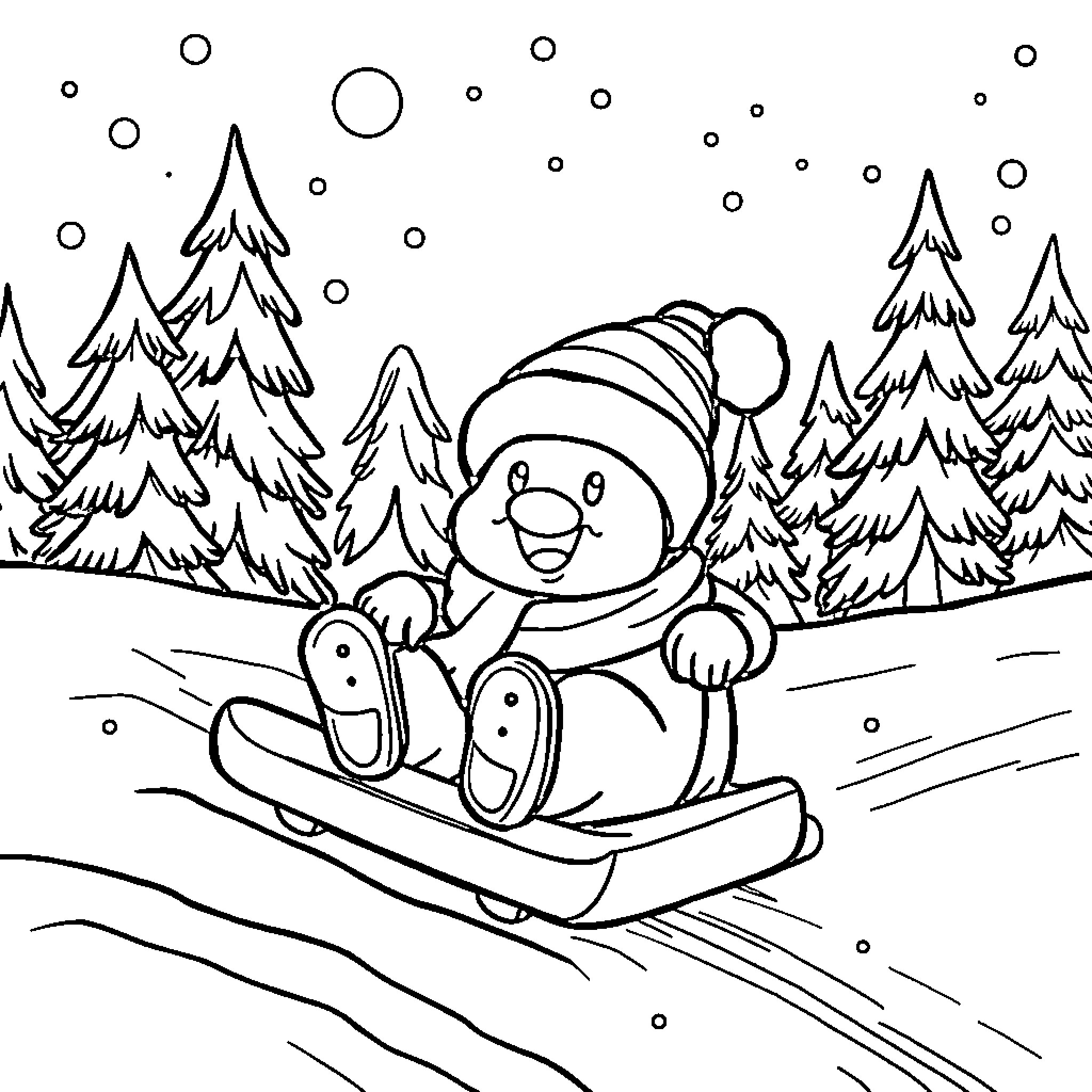 Chilly Willy sledding through snowy landscape Coloring Page (free black-and-white line drawing printable PDF for all, from beginners to advanced learners, including children, teens, adults, and seniors)