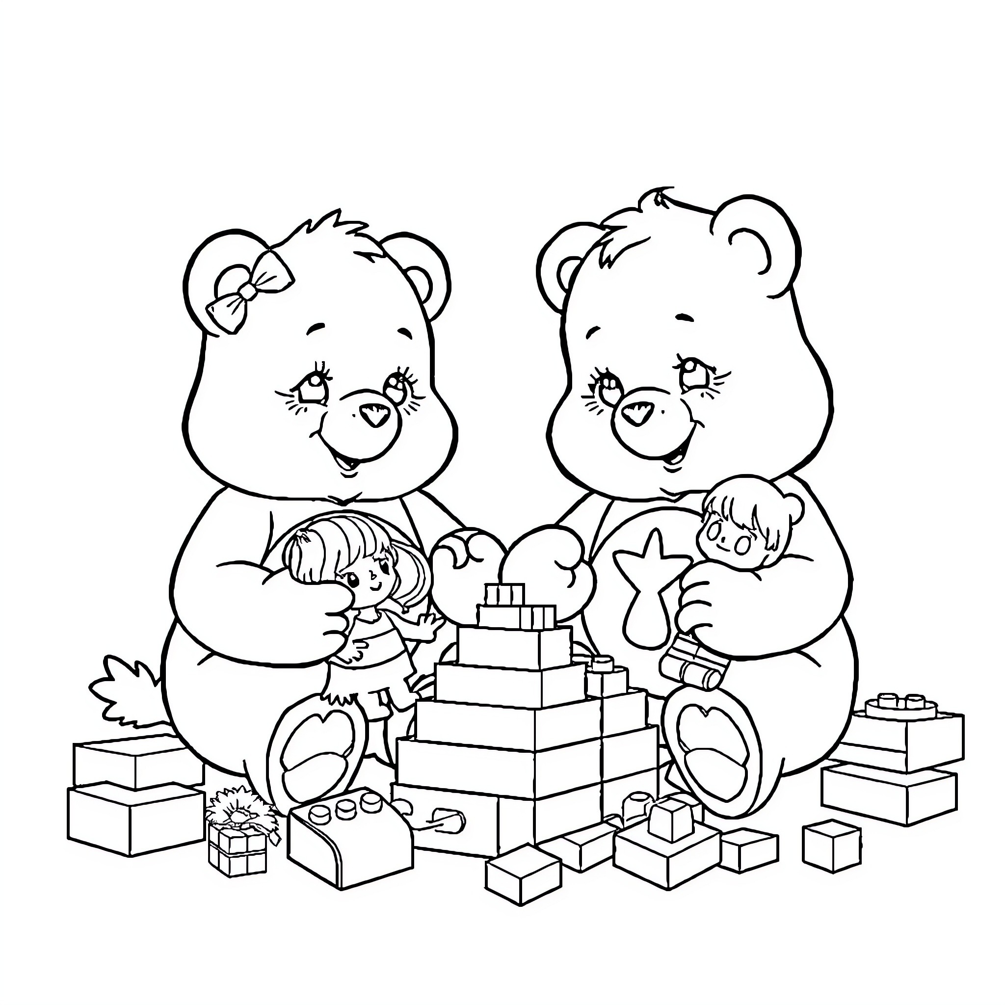 Care Bears playing with toys and building blocks Coloring Page (free black-and-white line drawing printable PDF for all, from beginners to advanced learners, including children, teens, adults, and seniors)
