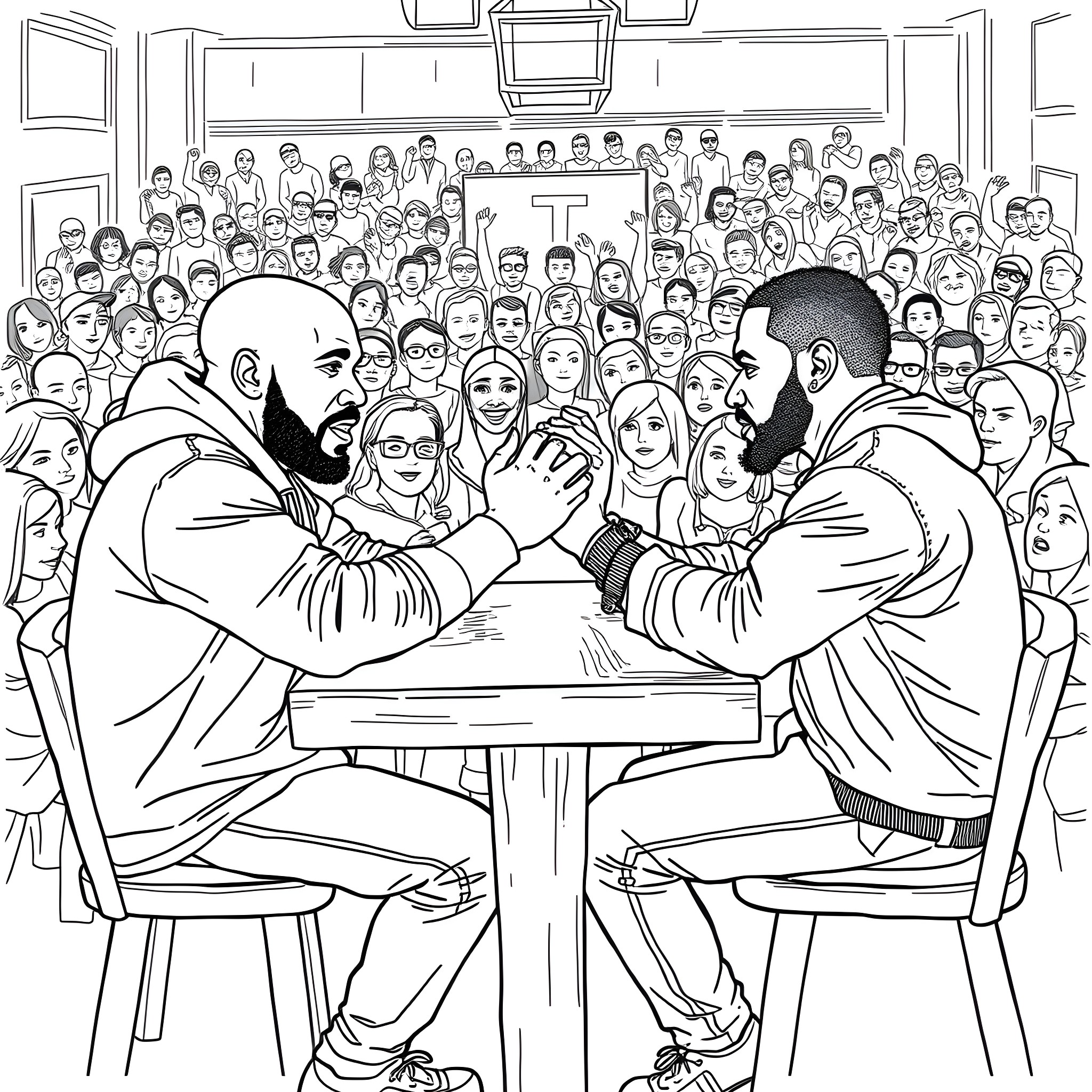 Drake meets fans and signs autographs in crowded room Coloring Page (free black-and-white line drawing printable PDF for all, from beginners to advanced learners, including children, teens, adults, and seniors)