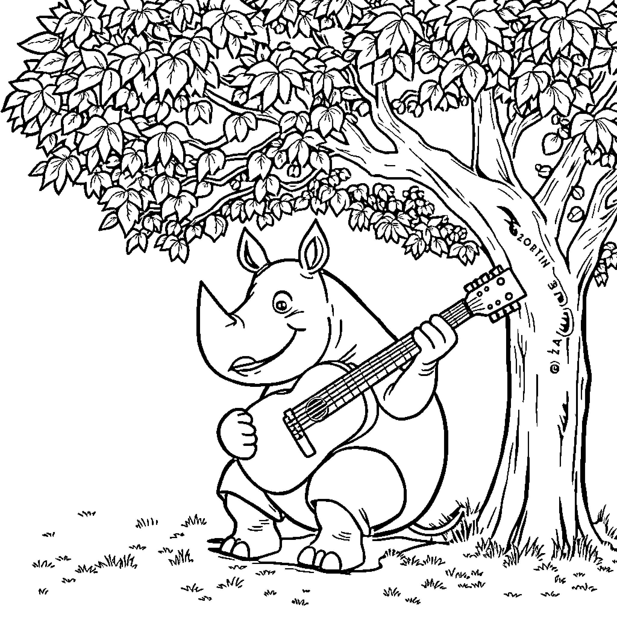 Rhinoceros playing guitar under a tree Coloring Page (free black-and-white line drawing printable PDF for all, from beginners to advanced learners, including children, teens, adults, and seniors)