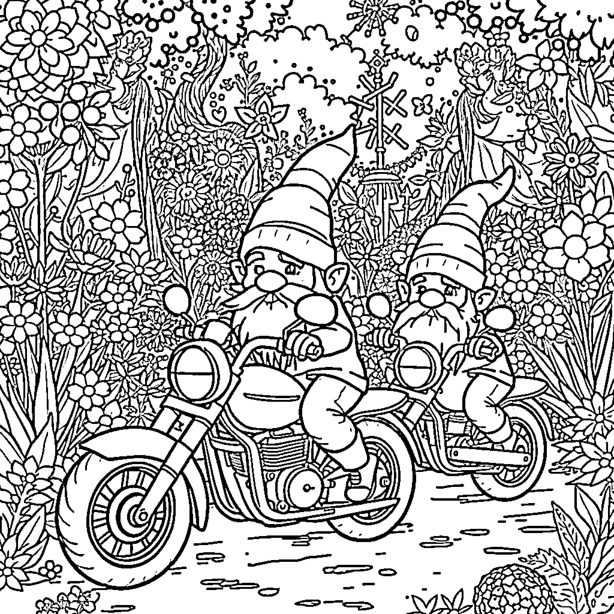 Gnome friends riding motorcycles in a whimsical garden Coloring Page (free black-and-white line drawing printable PDF for all, from beginners to advanced learners, including children, teens, adults, and seniors)