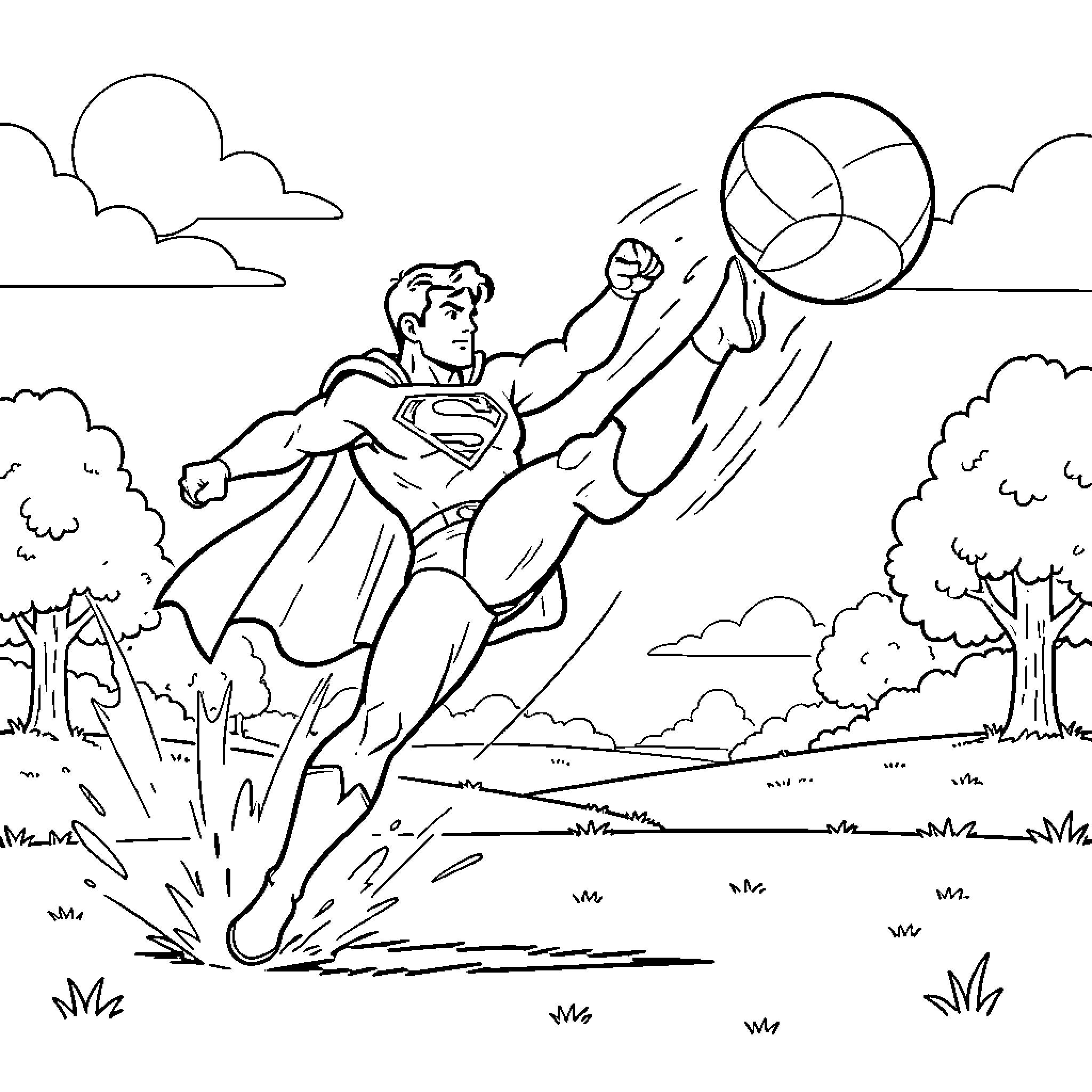 Superman kicking a ball in a grassy field Coloring Page (free black-and-white line drawing printable PDF for all, from beginners to advanced learners, including children, teens, adults, and seniors)