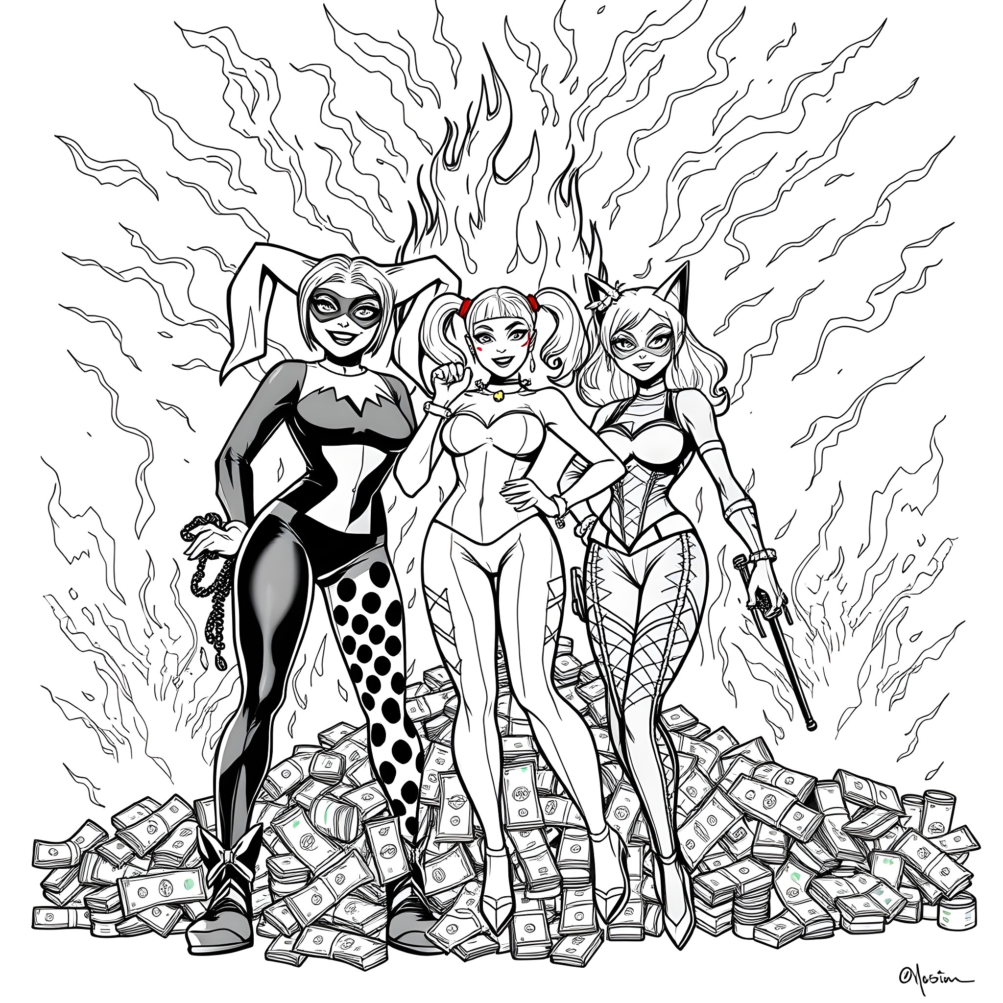 Harley Quinn and her entourage in an explosive display Coloring Page (free black-and-white line drawing printable PDF for all, from beginners to advanced learners, including children, teens, adults, and seniors)