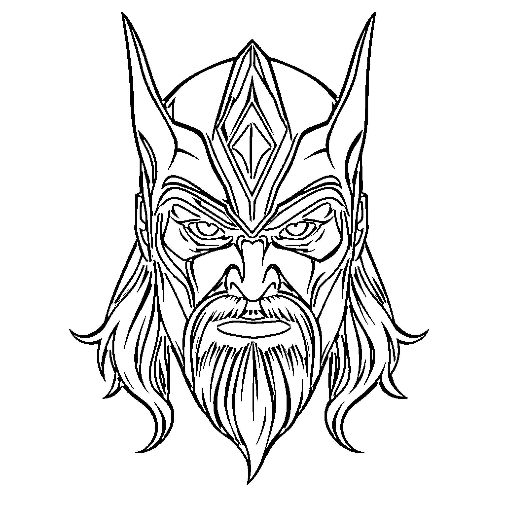 Thor's Fierce Visage in Intricate Design Coloring Page (free black-and-white line drawing printable PDF for all, from beginners to advanced learners, including children, teens, adults, and seniors)