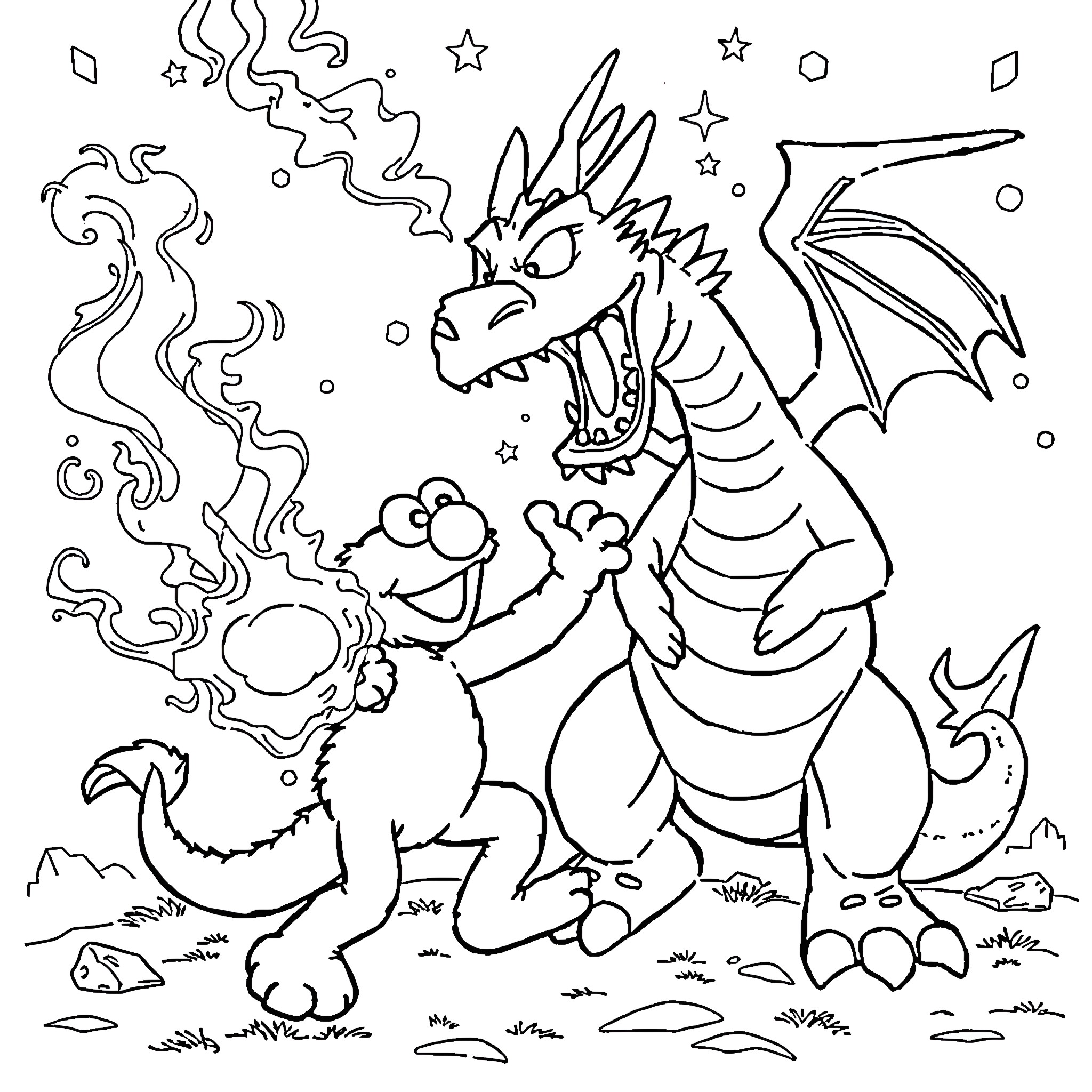 Elmo and the Fierce Dragon in the Starry Night Coloring Page (free black-and-white line drawing printable PDF for all, from beginners to advanced learners, including children, teens, adults, and seniors)