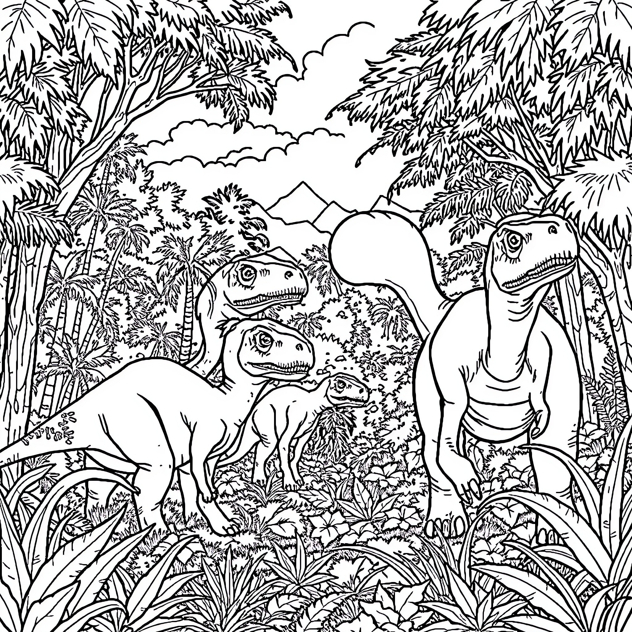 Dinosaurs roaming in a lush, prehistoric landscape Coloring Page (free black-and-white line drawing printable PDF for all, from beginners to advanced learners, including children, teens, adults, and seniors)