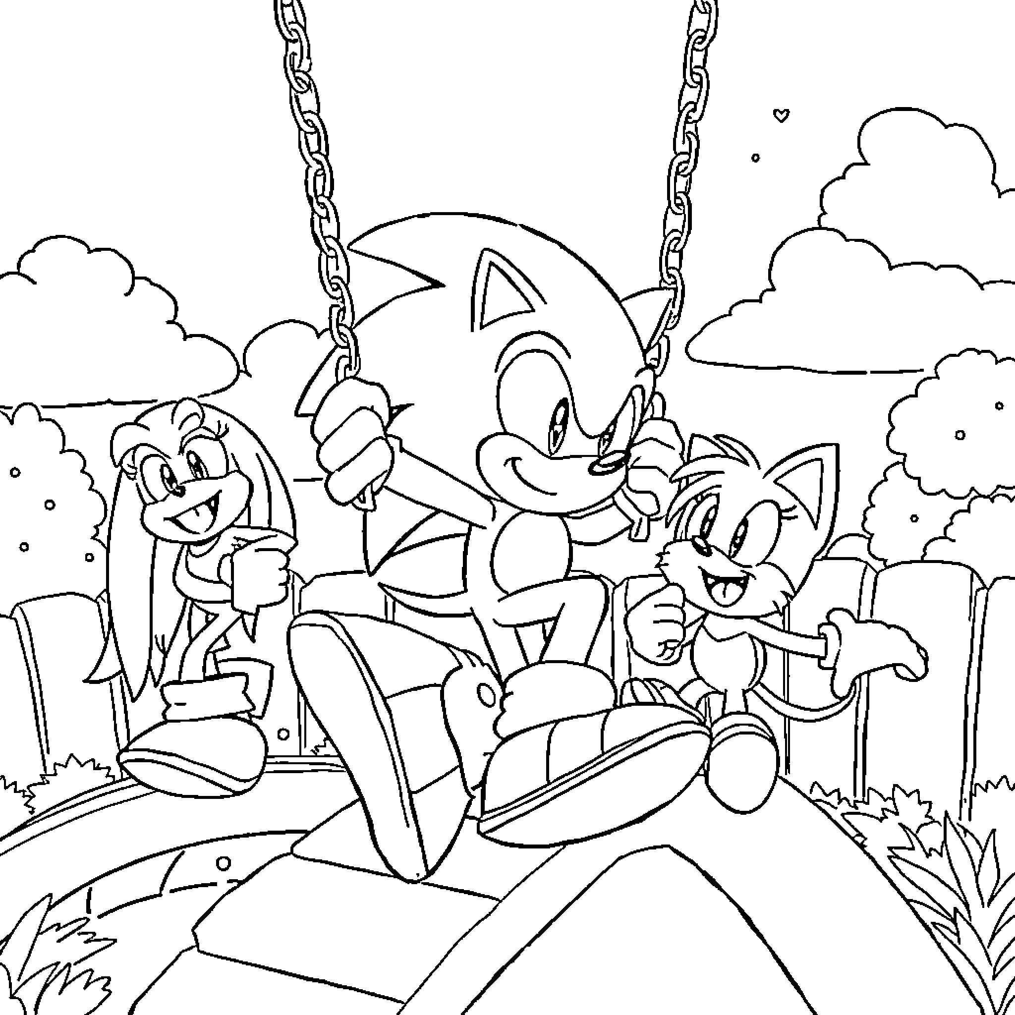 Sonic and friends playing joyfully in the outdoors Coloring Page (free black-and-white line drawing printable PDF for all, from beginners to advanced learners, including children, teens, adults, and seniors)