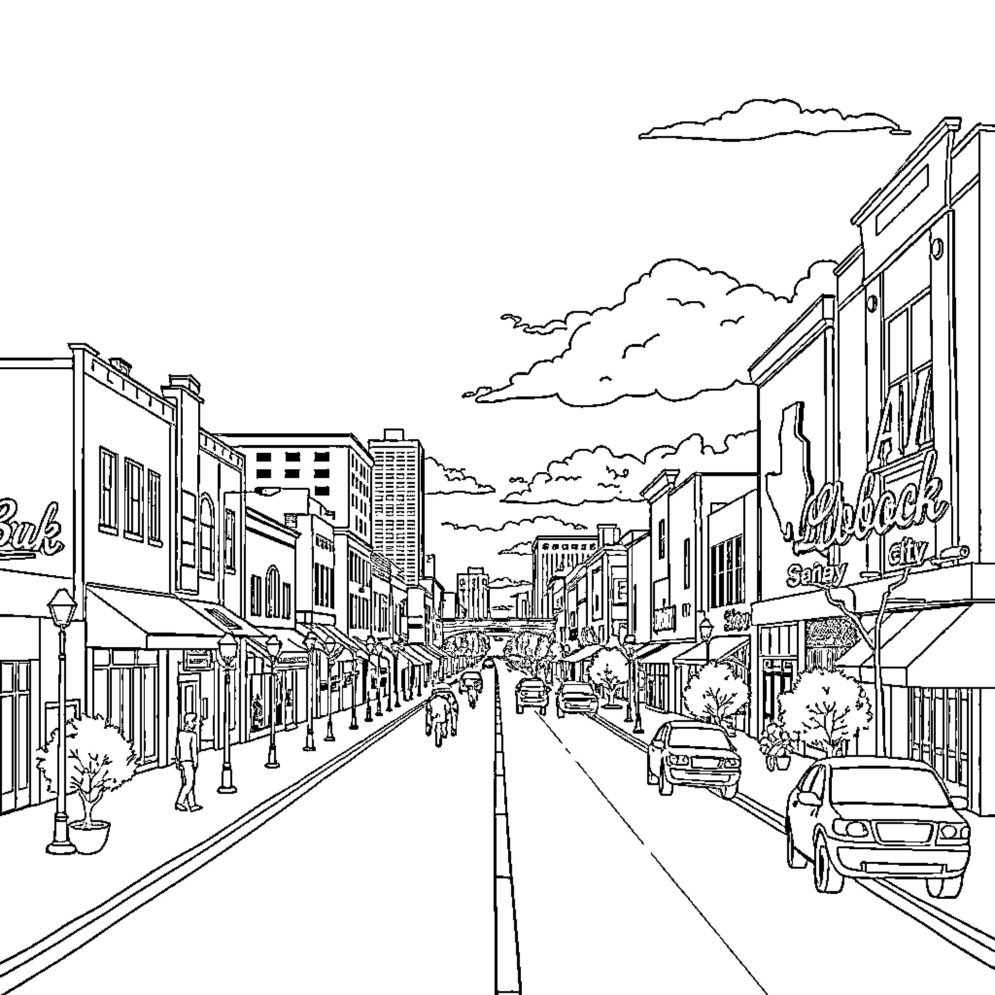 Lubbock City Street Scene with Buildings and Vehicles Coloring Page (free black-and-white line drawing printable PDF for all, from beginners to advanced learners, including children, teens, adults, and seniors)
