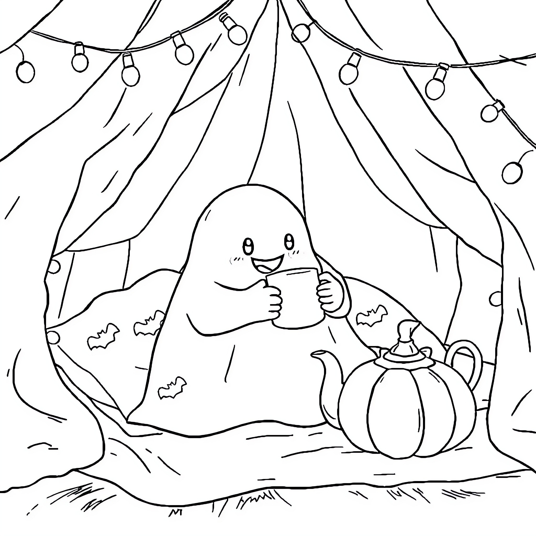 Ghost enjoying a warm drink by the campfire Coloring Page (free black-and-white line drawing printable PDF for all, from beginners to advanced learners, including children, teens, adults, and seniors)