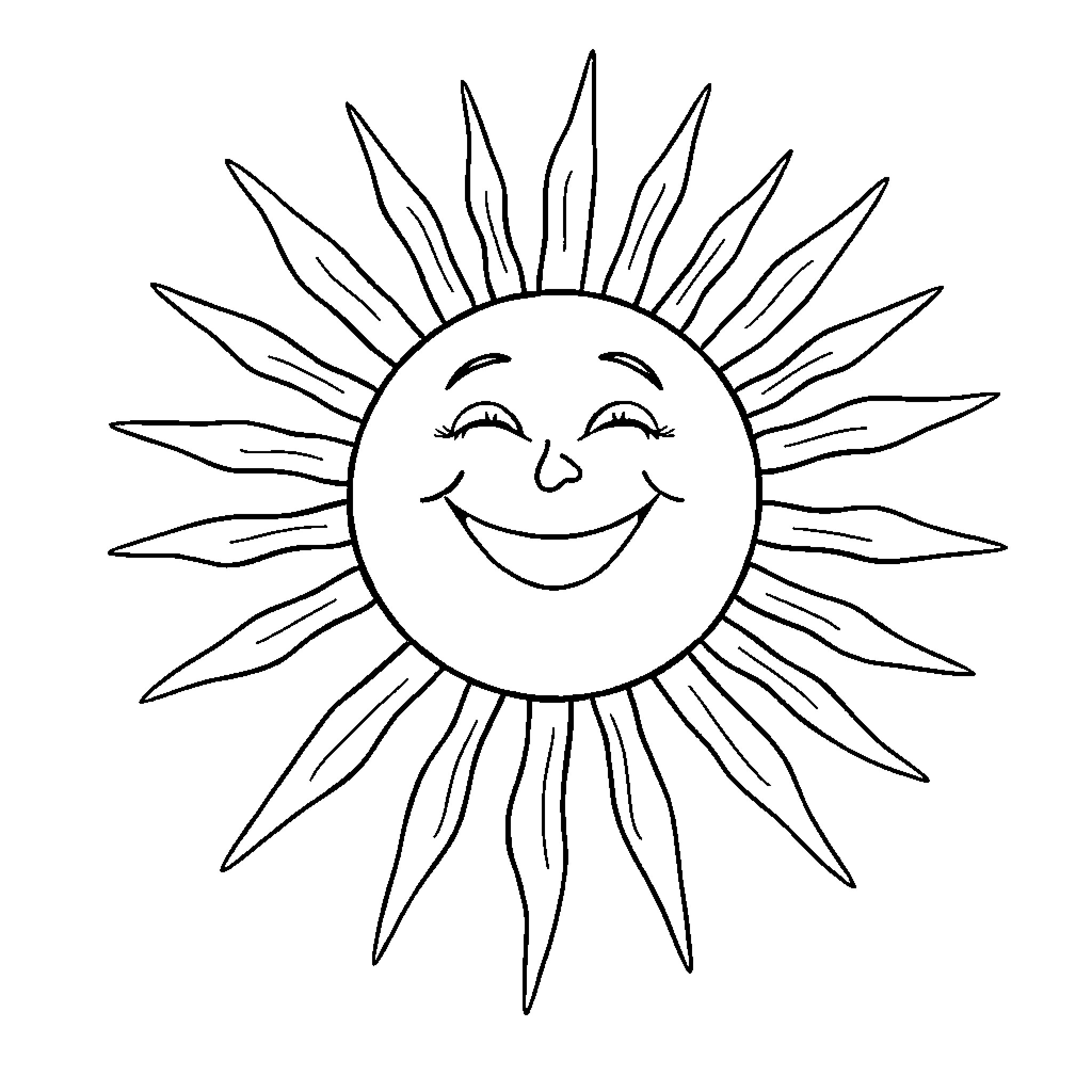 Sun smiling happily with radiant rays Coloring Page (free black-and-white line drawing printable PDF for all, from beginners to advanced learners, including children, teens, adults, and seniors)
