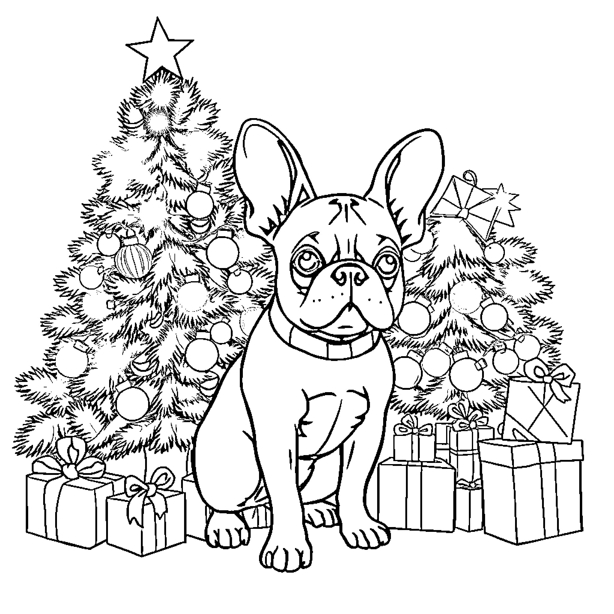 Frenchie celebrating Christmas with ornaments and gifts Coloring Page (free black-and-white line drawing printable PDF for all, from beginners to advanced learners, including children, teens, adults, and seniors)
