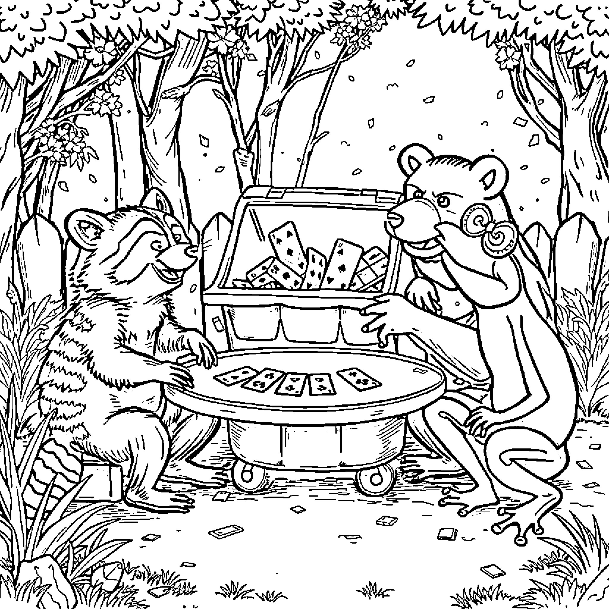 Raccoon friends playing dominos in the forest Coloring Page (free black-and-white line drawing printable PDF for all, from beginners to advanced learners, including children, teens, adults, and seniors)