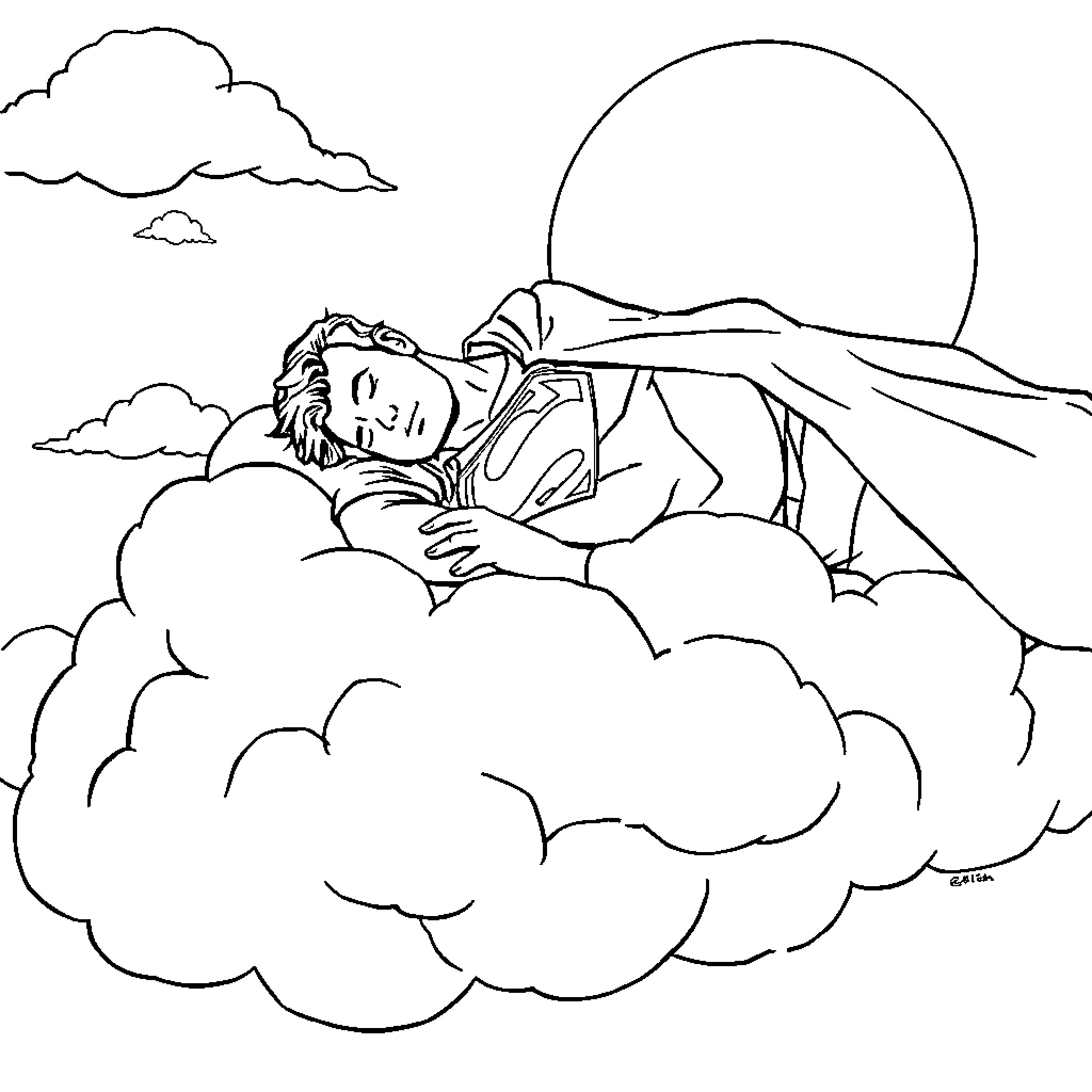 Superman resting peacefully on a cloud Coloring Page (free black-and-white line drawing printable PDF for all, from beginners to advanced learners, including children, teens, adults, and seniors)