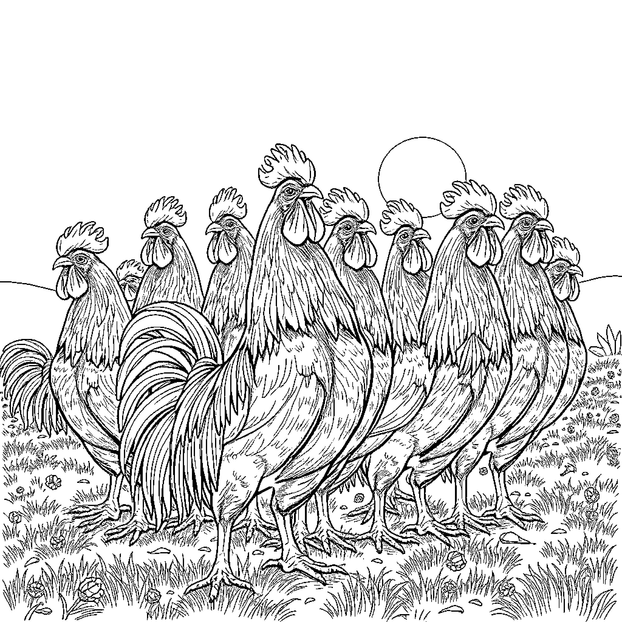 Rooster flock strutting proudly in the meadow Coloring Page (free black-and-white line drawing printable PDF for all, from beginners to advanced learners, including children, teens, adults, and seniors)