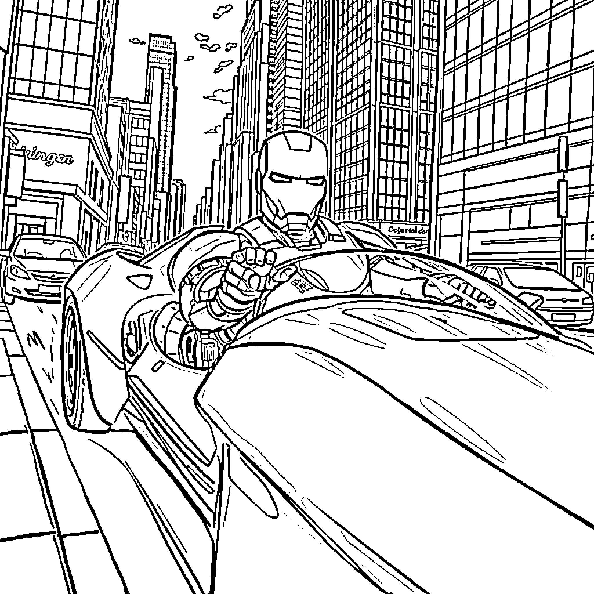 Ironman speeding through the city streets Coloring Page (free black-and-white line drawing printable PDF for all, from beginners to advanced learners, including children, teens, adults, and seniors)