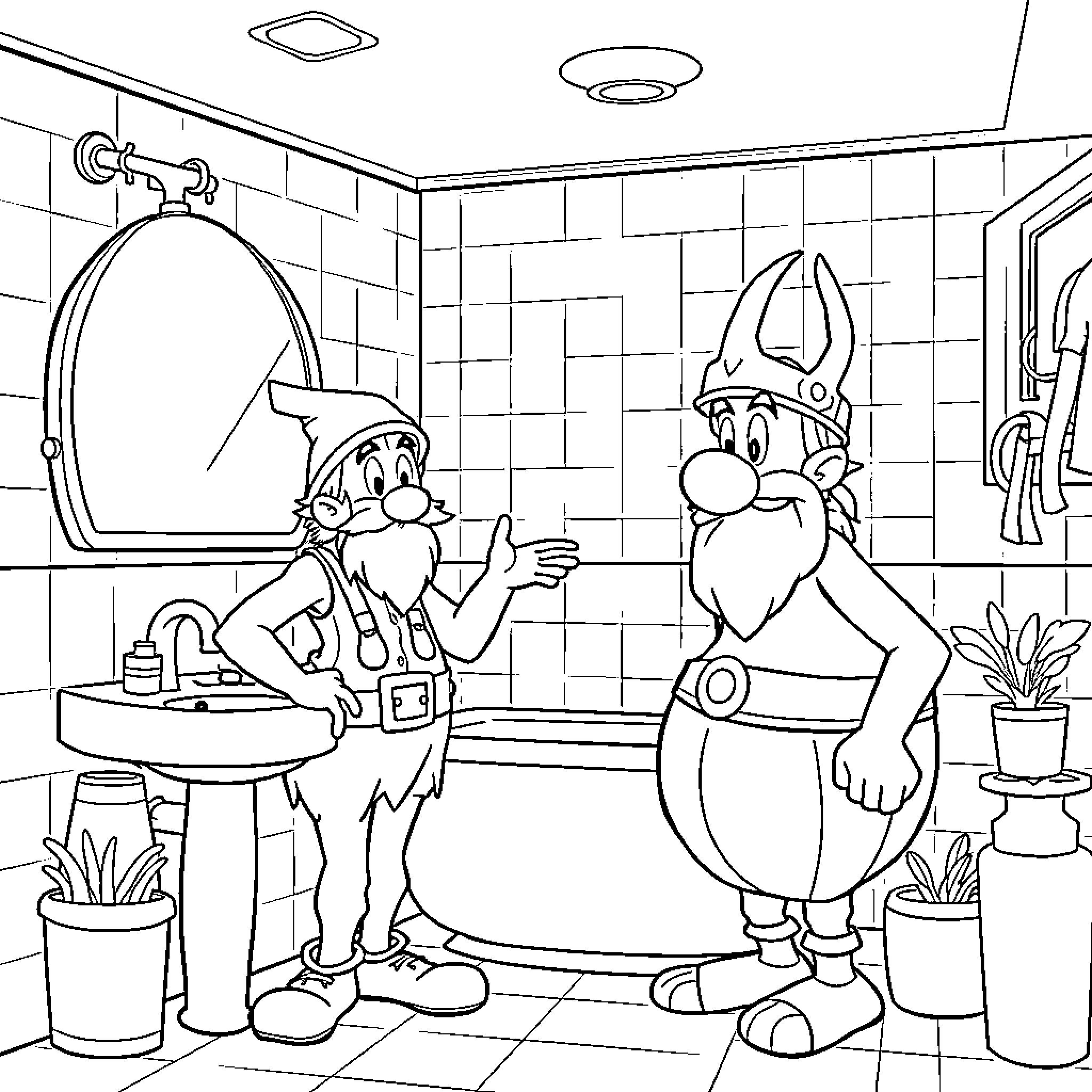 Asterix and Obelix in the Bathroom Coloring Page (free black-and-white line drawing printable PDF for all, from beginners to advanced learners, including children, teens, adults, and seniors)