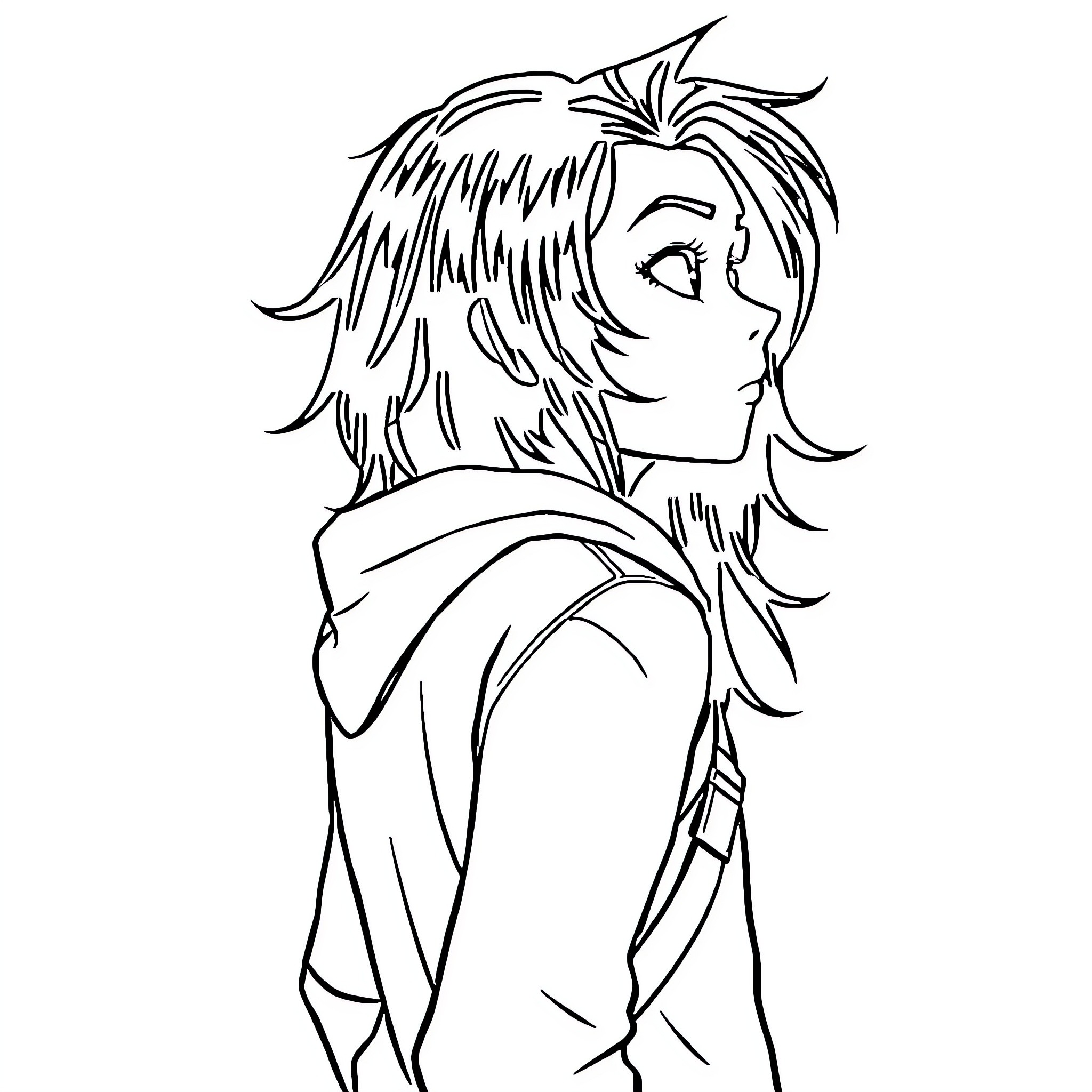 Character with messy hair in profile view Coloring Page (free black-and-white line drawing printable PDF for all, from beginners to advanced learners, including children, teens, adults, and seniors)