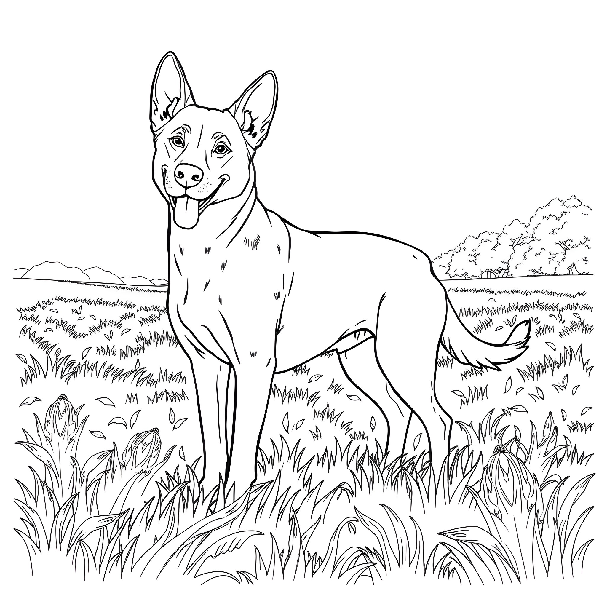 Dog standing in grassy field Coloring Page (free black-and-white line drawing printable PDF for all, from beginners to advanced learners, including children, teens, adults, and seniors)