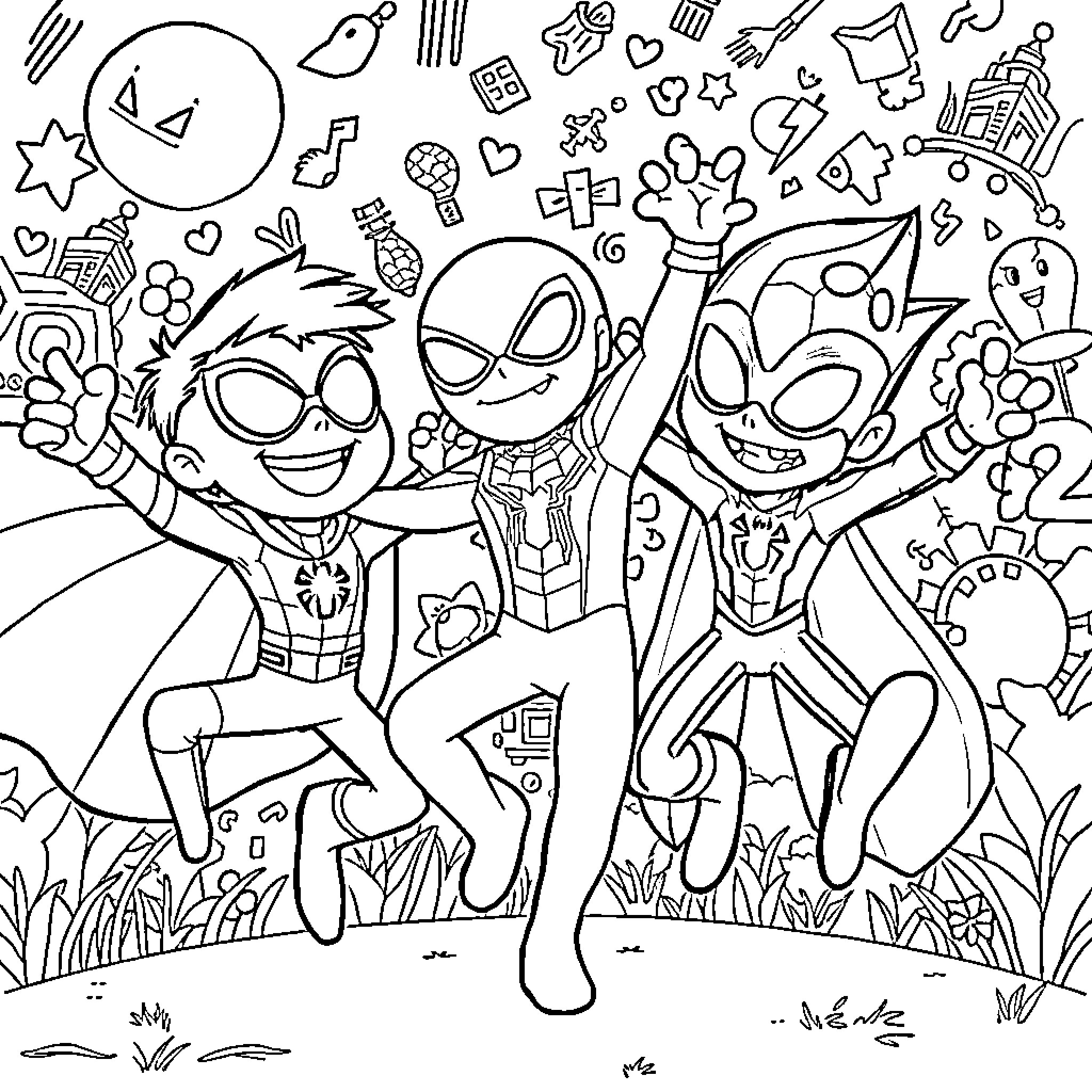 Bluey and friends enjoying a lively outdoor adventure Coloring Page (free black-and-white line drawing printable PDF for all, from beginners to advanced learners, including children, teens, adults, and seniors)