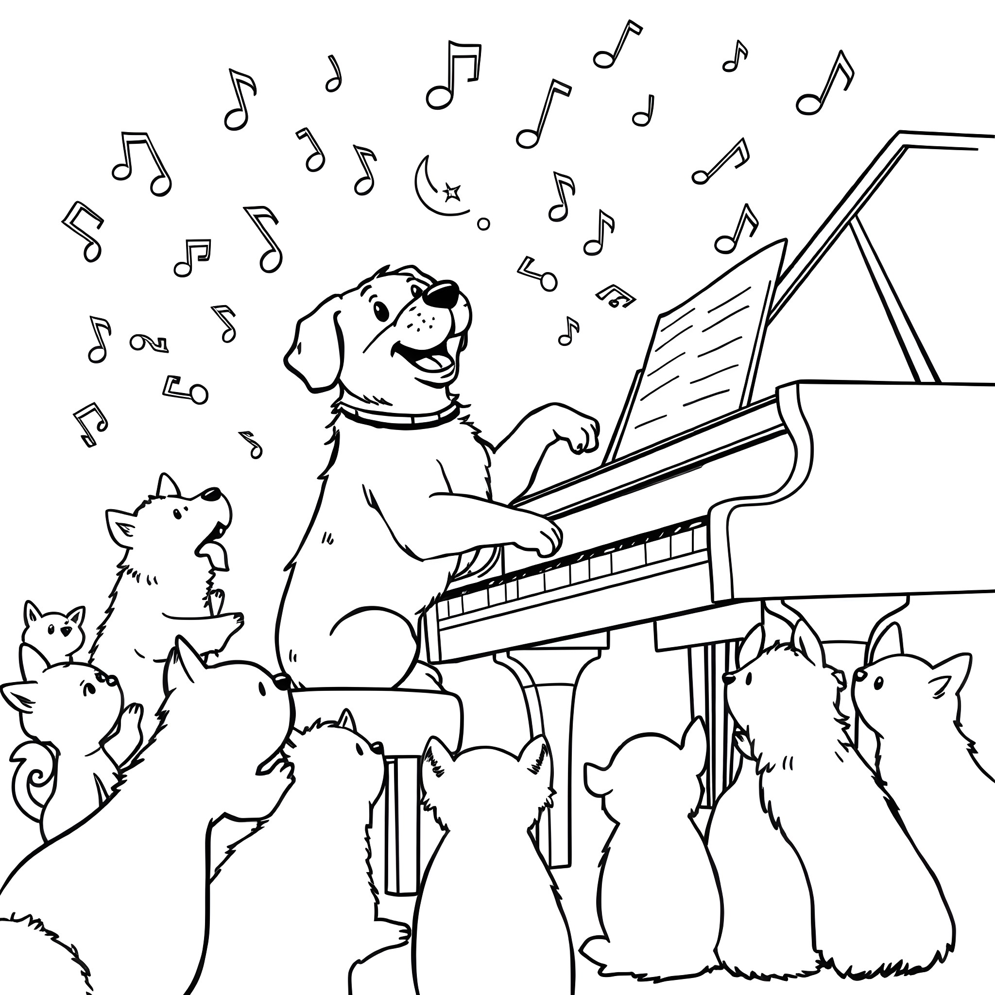 Dog playing happily on the piano with musical notes Coloring Page (free black-and-white line drawing printable PDF for all, from beginners to advanced learners, including children, teens, adults, and seniors)