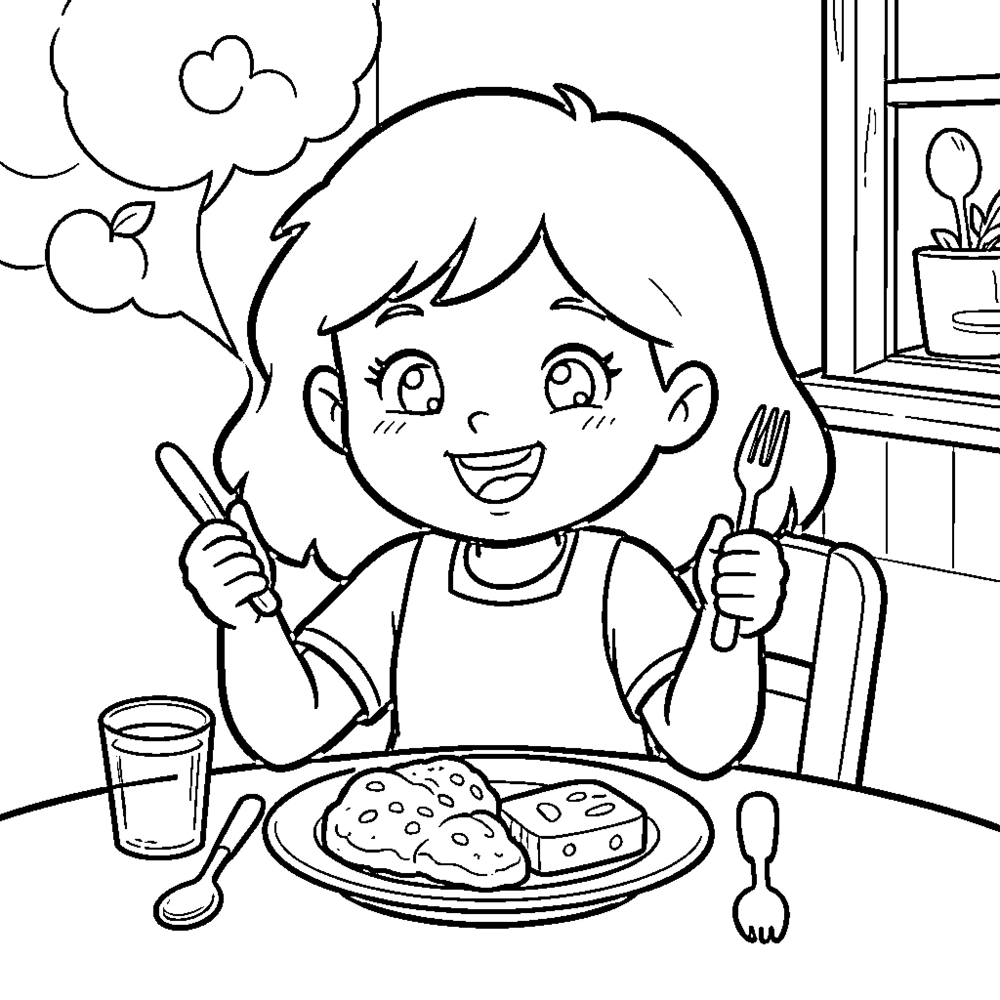 Dora sitting at a table eating a meal Coloring Page (free black-and-white line drawing printable PDF for all, from beginners to advanced learners, including children, teens, adults, and seniors)