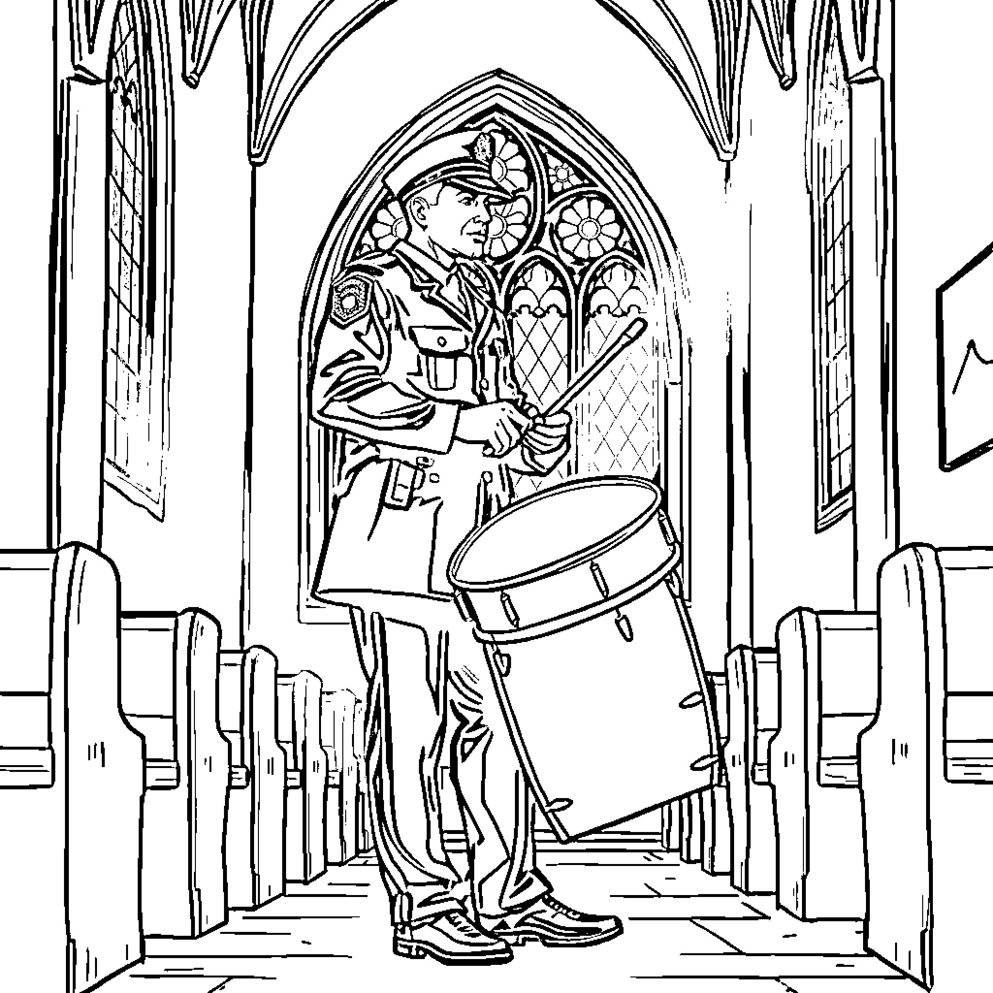 Police Bodyguard Standing Alert in a Ceremonial Setting Coloring Page (free black-and-white line drawing printable PDF for all, from beginners to advanced learners, including children, teens, adults, and seniors)