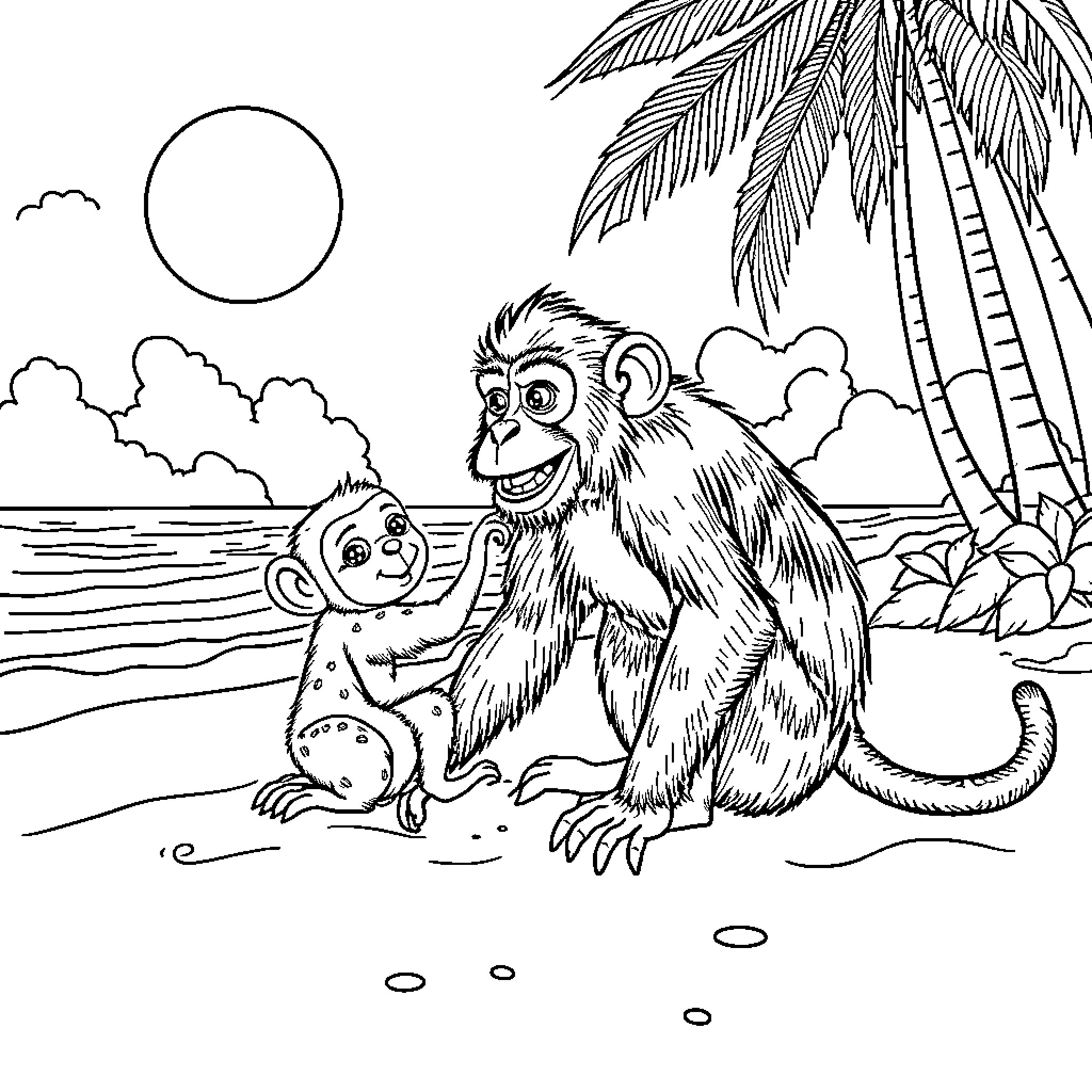 Monkey playing with baby monkey on tropical beach Coloring Page (free black-and-white line drawing printable PDF for all, from beginners to advanced learners, including children, teens, adults, and seniors)