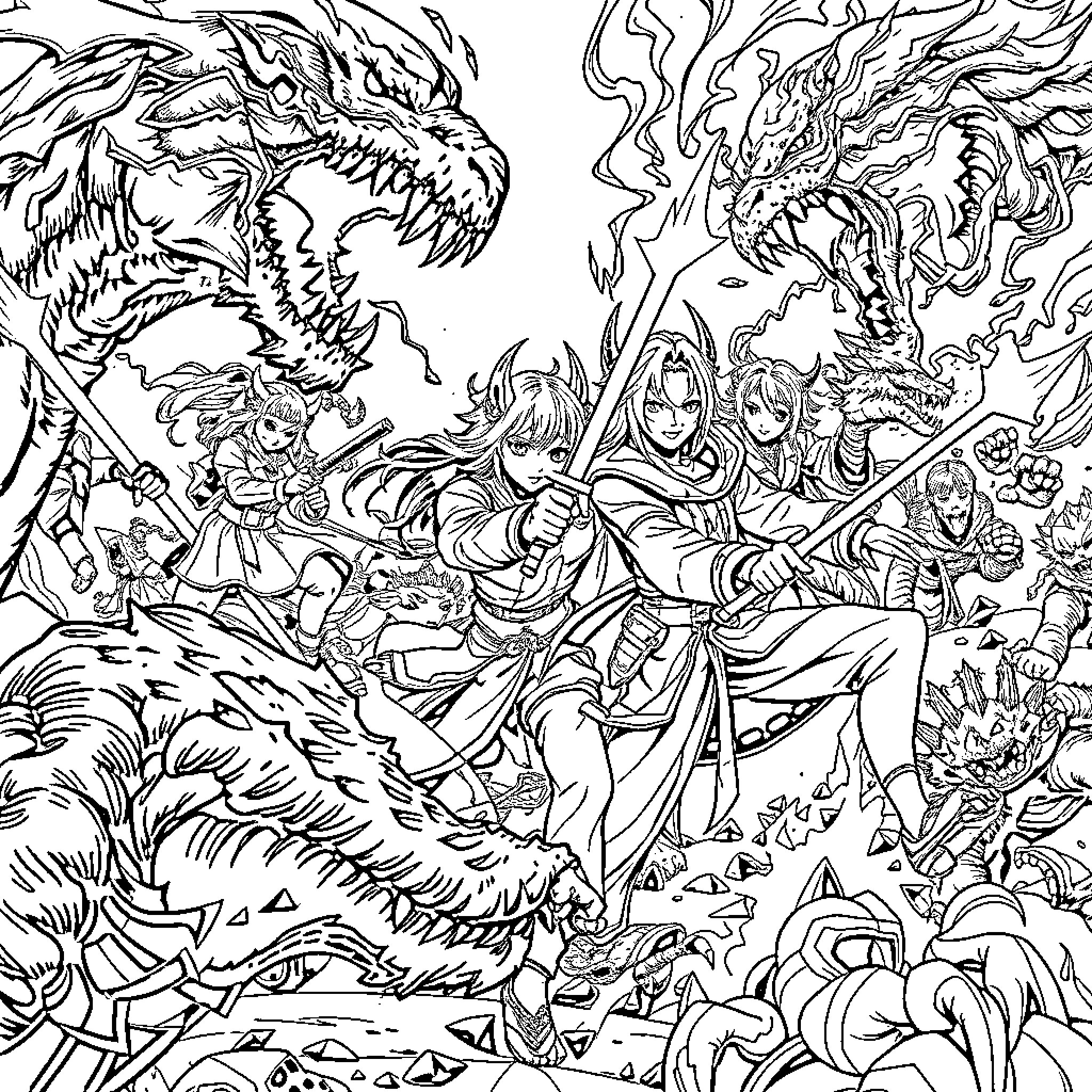 Demon Hunter Warriors Battling Ferocious Dragons Coloring Page (free black-and-white line drawing printable PDF for all, from beginners to advanced learners, including children, teens, adults, and seniors)