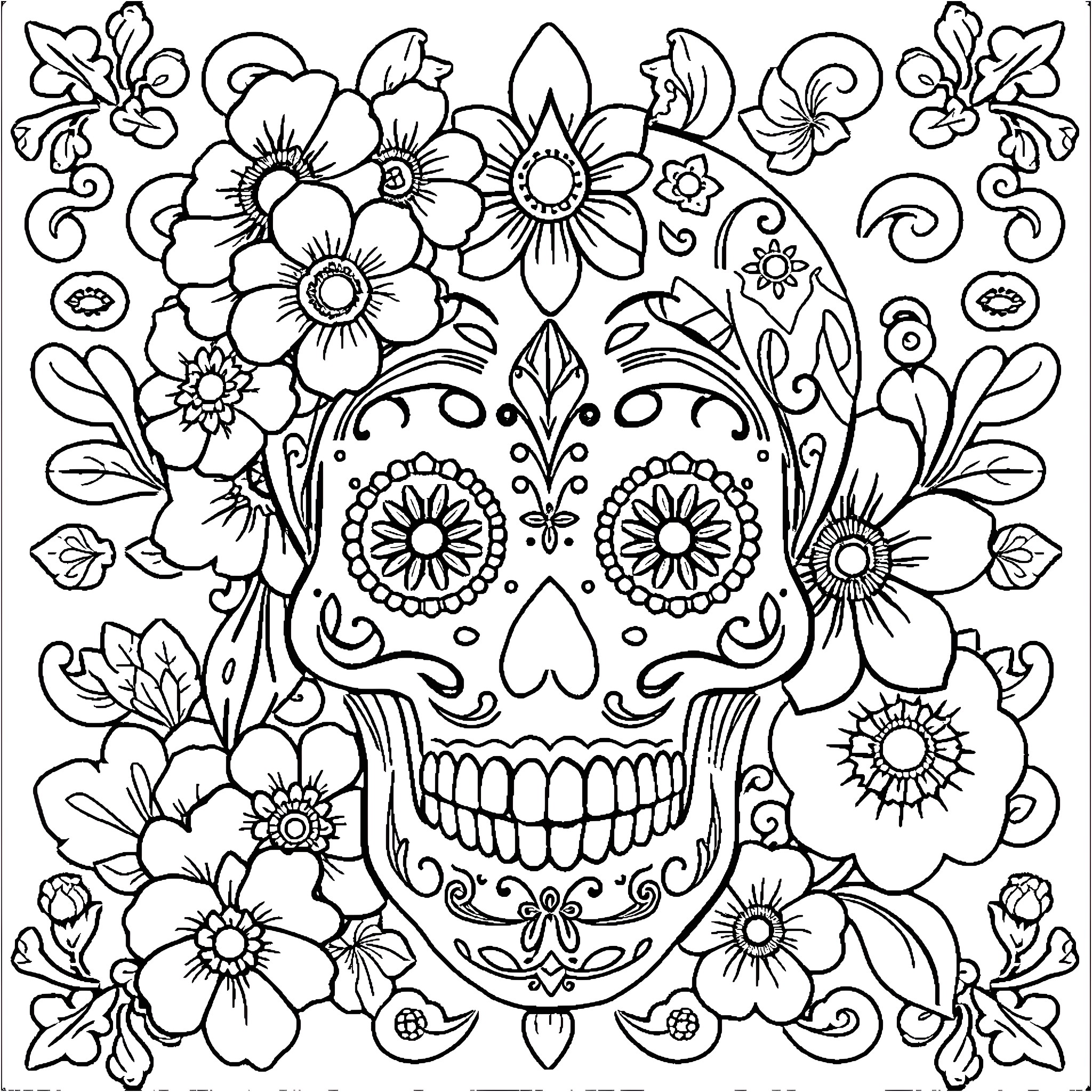 Mexican Skull adorned with intricate floral patterns Coloring Page (free black-and-white line drawing printable PDF for all, from beginners to advanced learners, including children, teens, adults, and seniors)