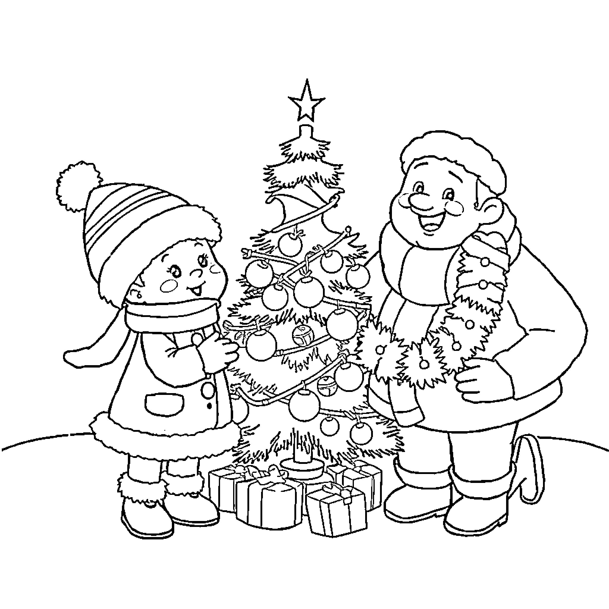 Ours Decorating Christmas Tree with Jolly Snowmen Coloring Page (free black-and-white line drawing printable PDF for all, from beginners to advanced learners, including children, teens, adults, and seniors)