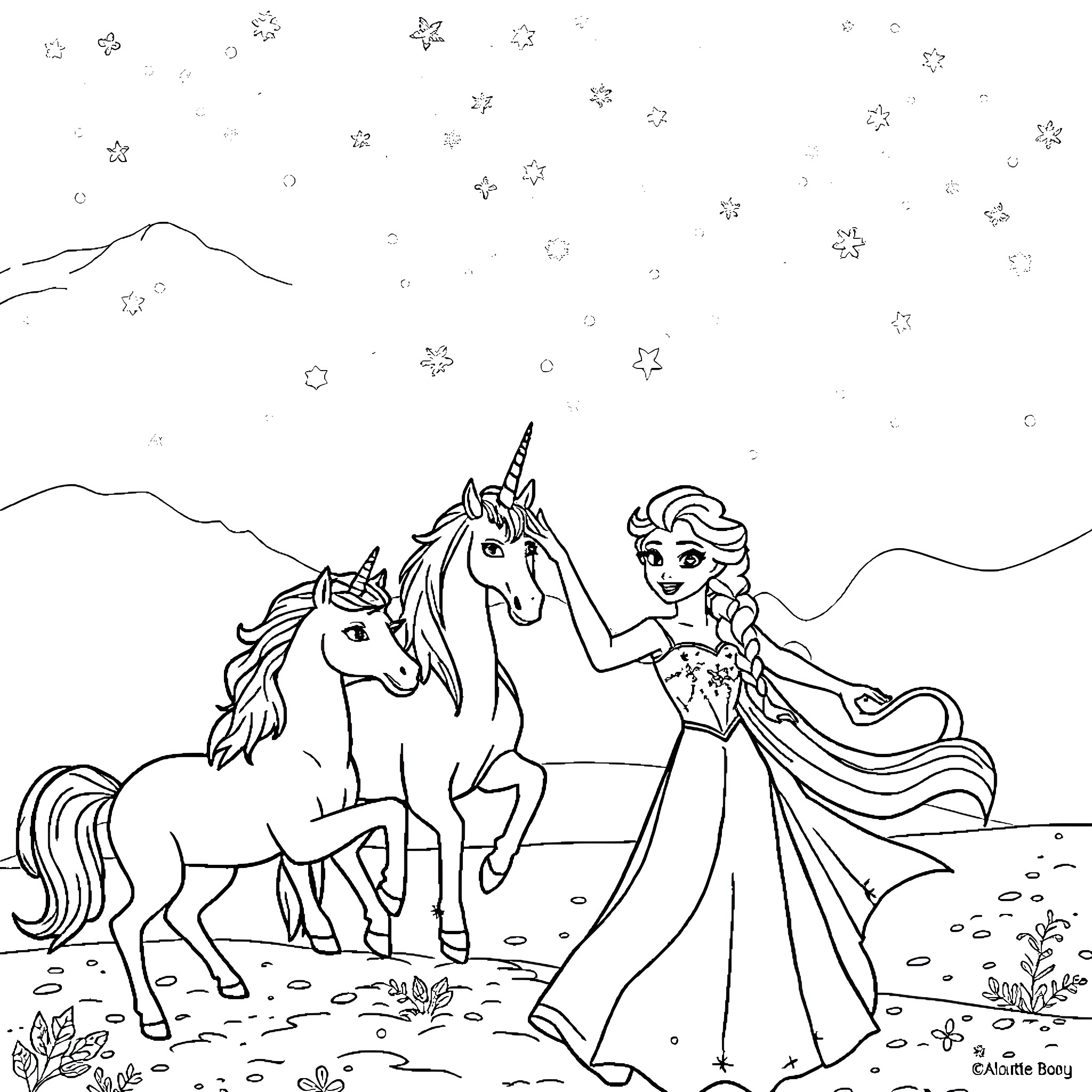 Elsa riding unicorn through starry landscape Coloring Page (free black-and-white line drawing printable PDF for all, from beginners to advanced learners, including children, teens, adults, and seniors)
