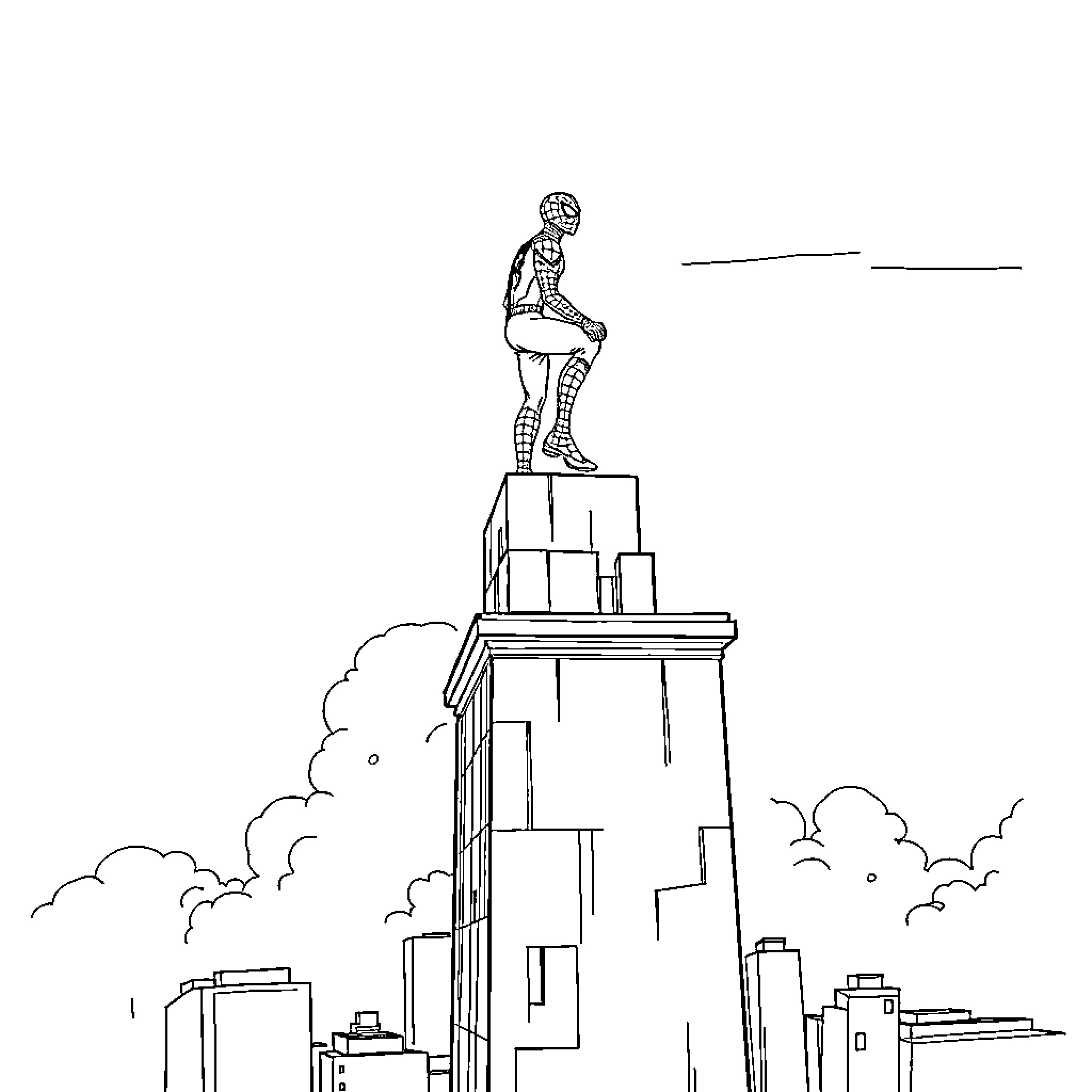 Spiderman overlooking the city skyline Coloring Page (free black-and-white line drawing printable PDF for all, from beginners to advanced learners, including children, teens, adults, and seniors)