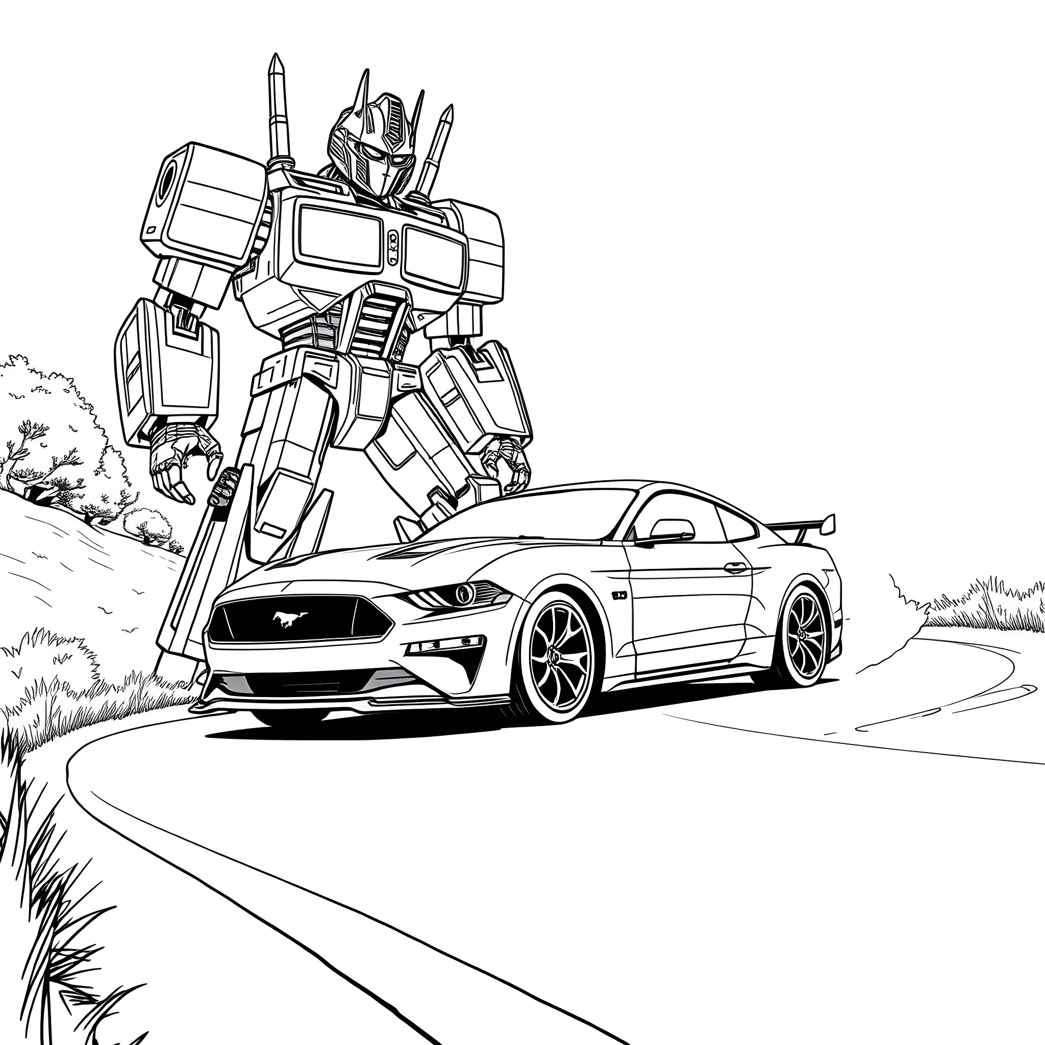 Ford Mustang Transforming Robot on the Road Coloring Page (free black-and-white line drawing printable PDF for all, from beginners to advanced learners, including children, teens, adults, and seniors)