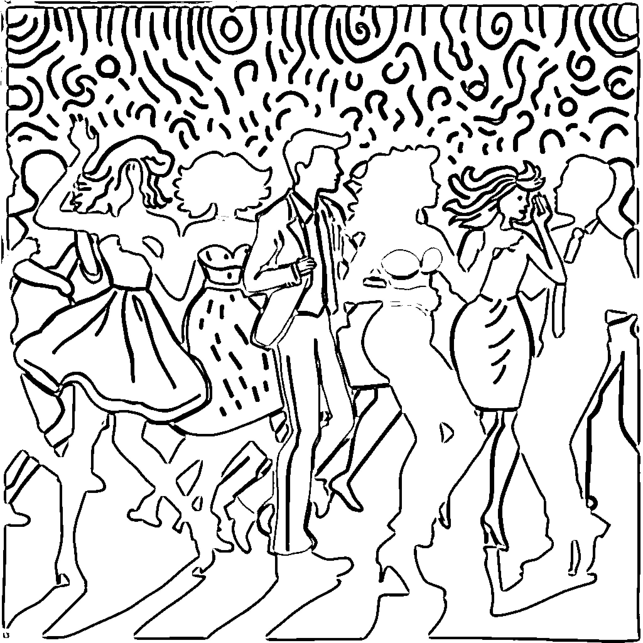 Person dancing in formal attire with friends Coloring Page (free black-and-white line drawing printable PDF for all, from beginners to advanced learners, including children, teens, adults, and seniors)