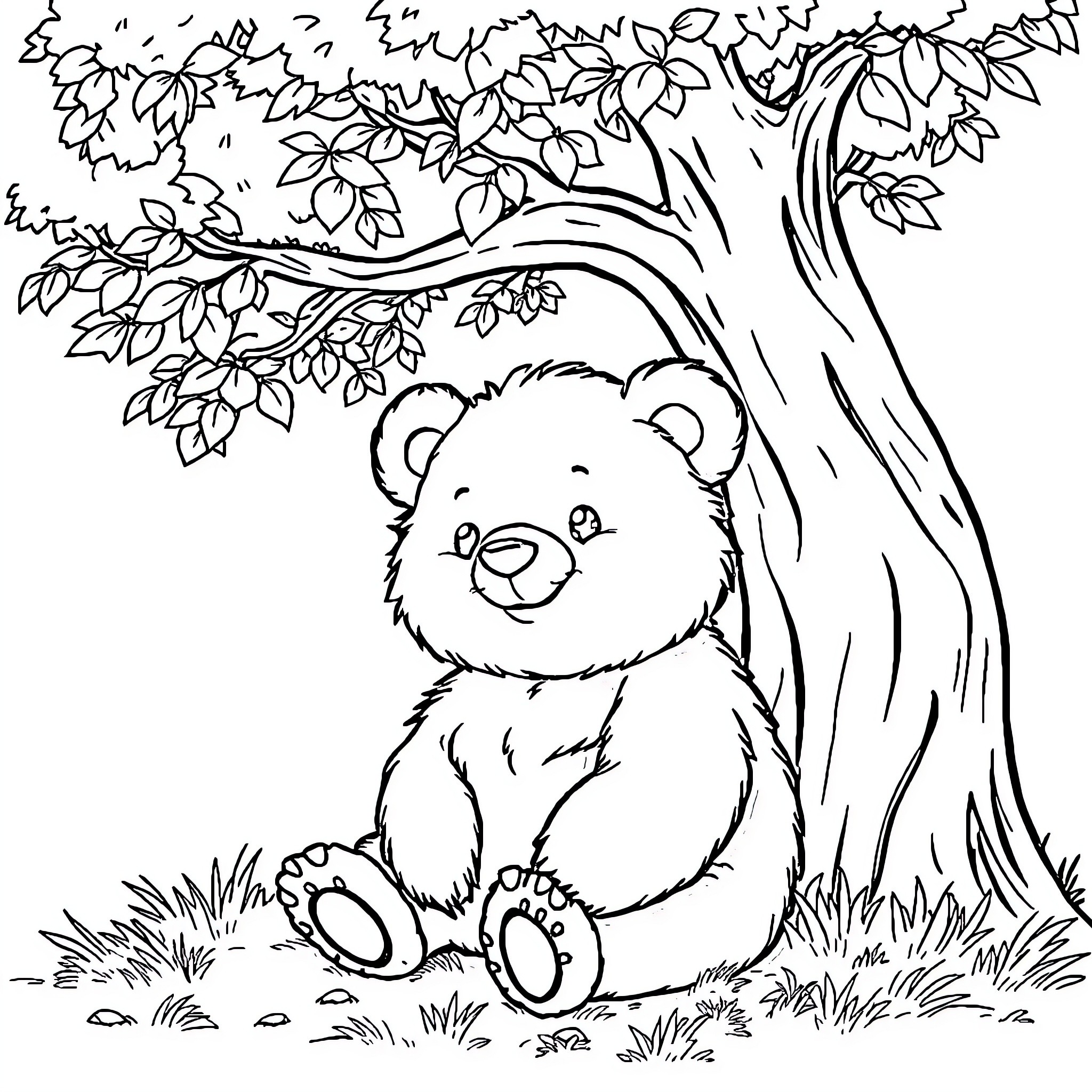 Bubu the Cheerful Bear in the Forest Coloring Page (free black-and-white line drawing printable PDF for all, from beginners to advanced learners, including children, teens, adults, and seniors)